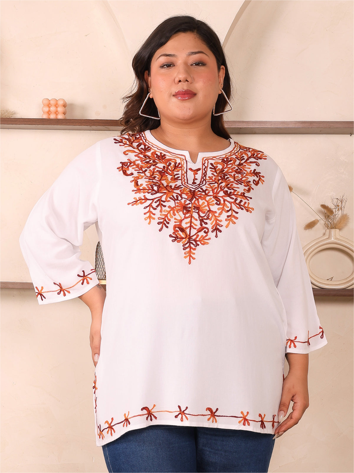 White And Red Embroidered Plus Size Tunic