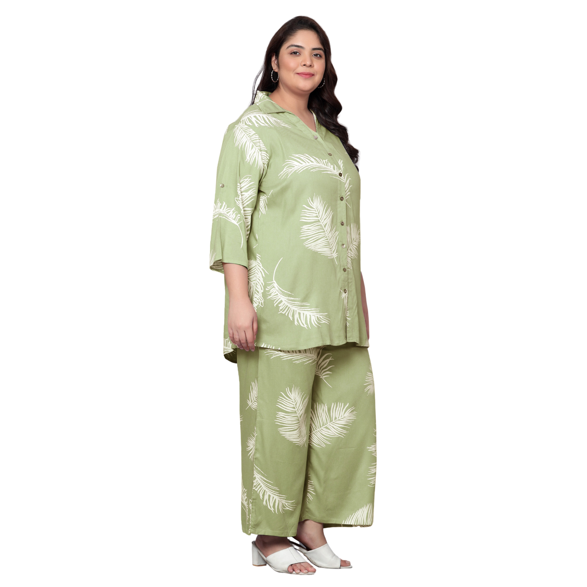 Green Leaf Print Plus Size Co-Ord Set