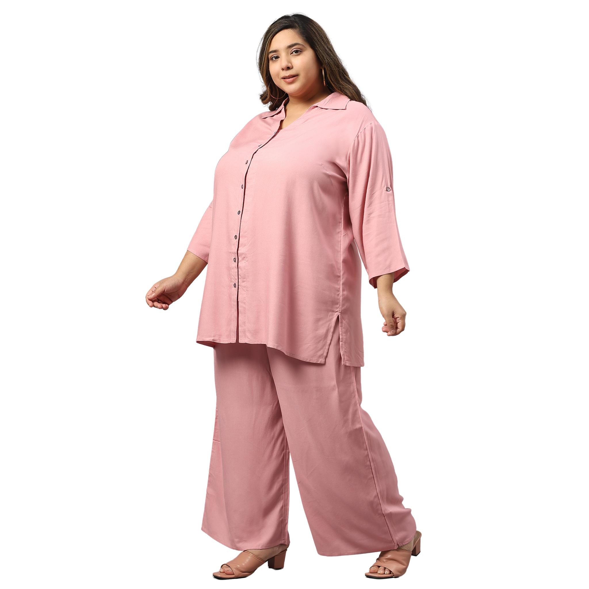 Pink Solid Plus Size Co-Ord Set