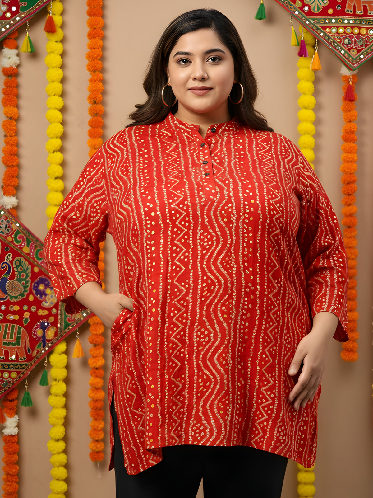 Red Bandhani Print Plus Size Tunic