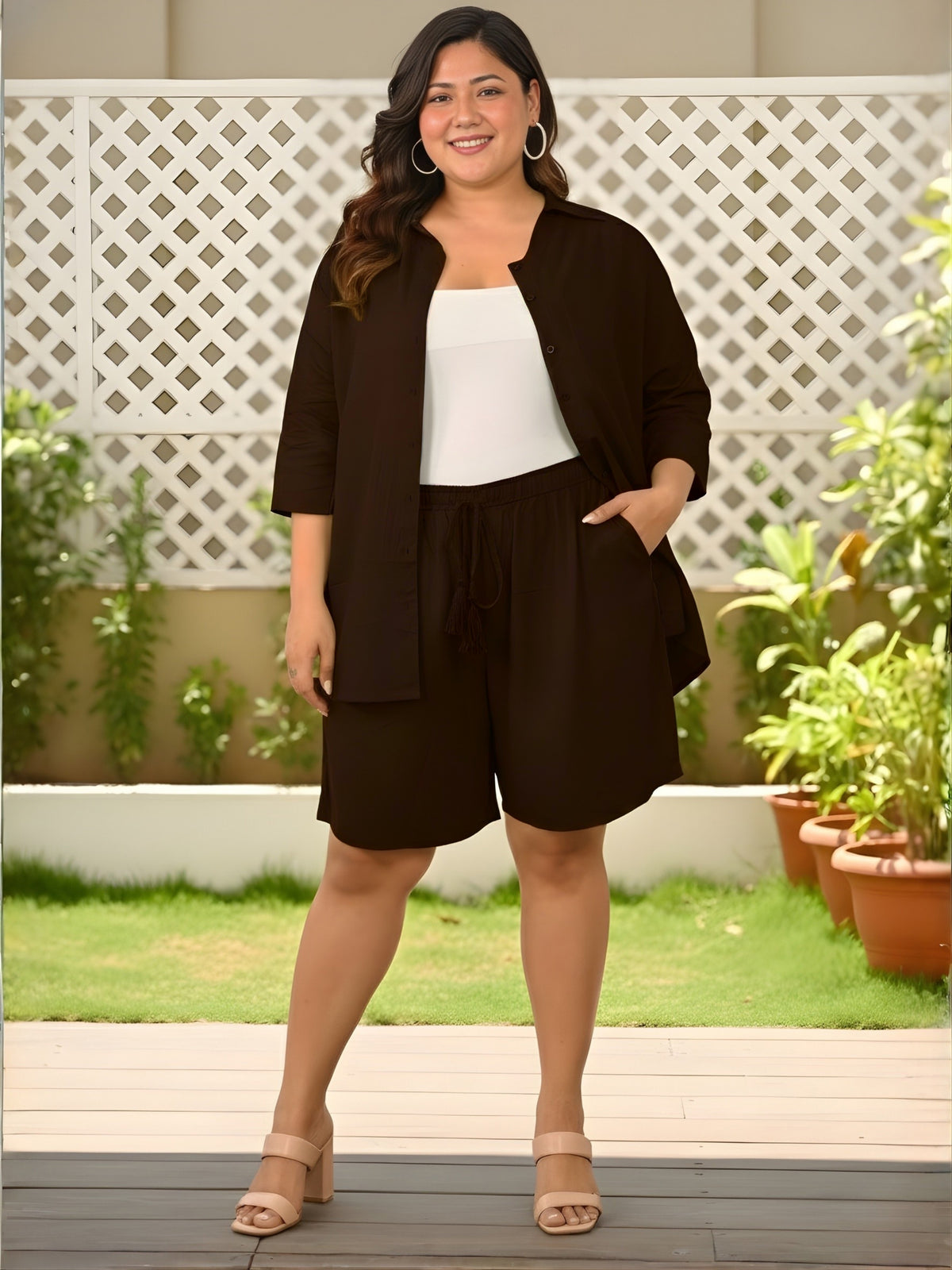 Brown Solid Shirt And Short Set