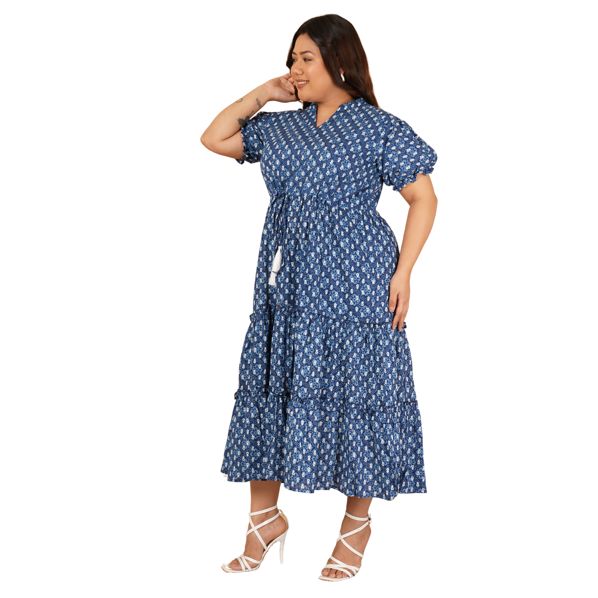 Blue Floral Tiered Plus Size Dress