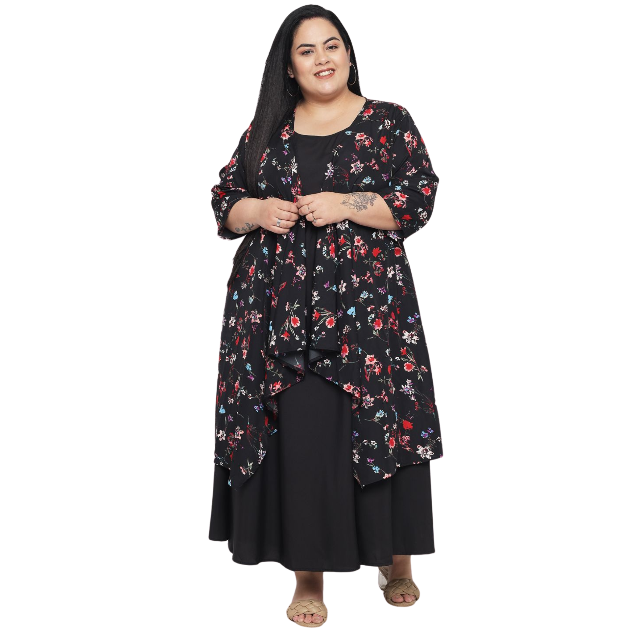 Black Floral Layered Maxi Plus Size Dress