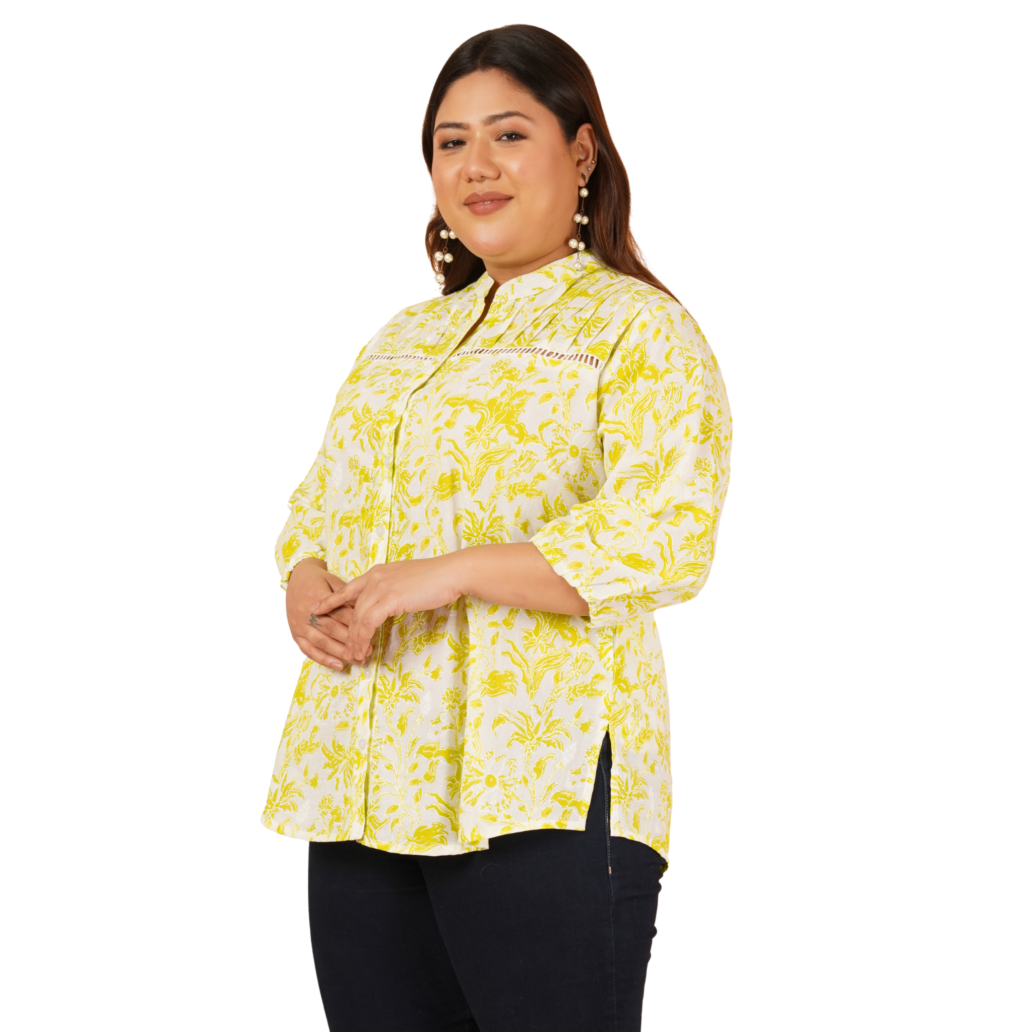 Yellow Print Plus Size Lace Shirt