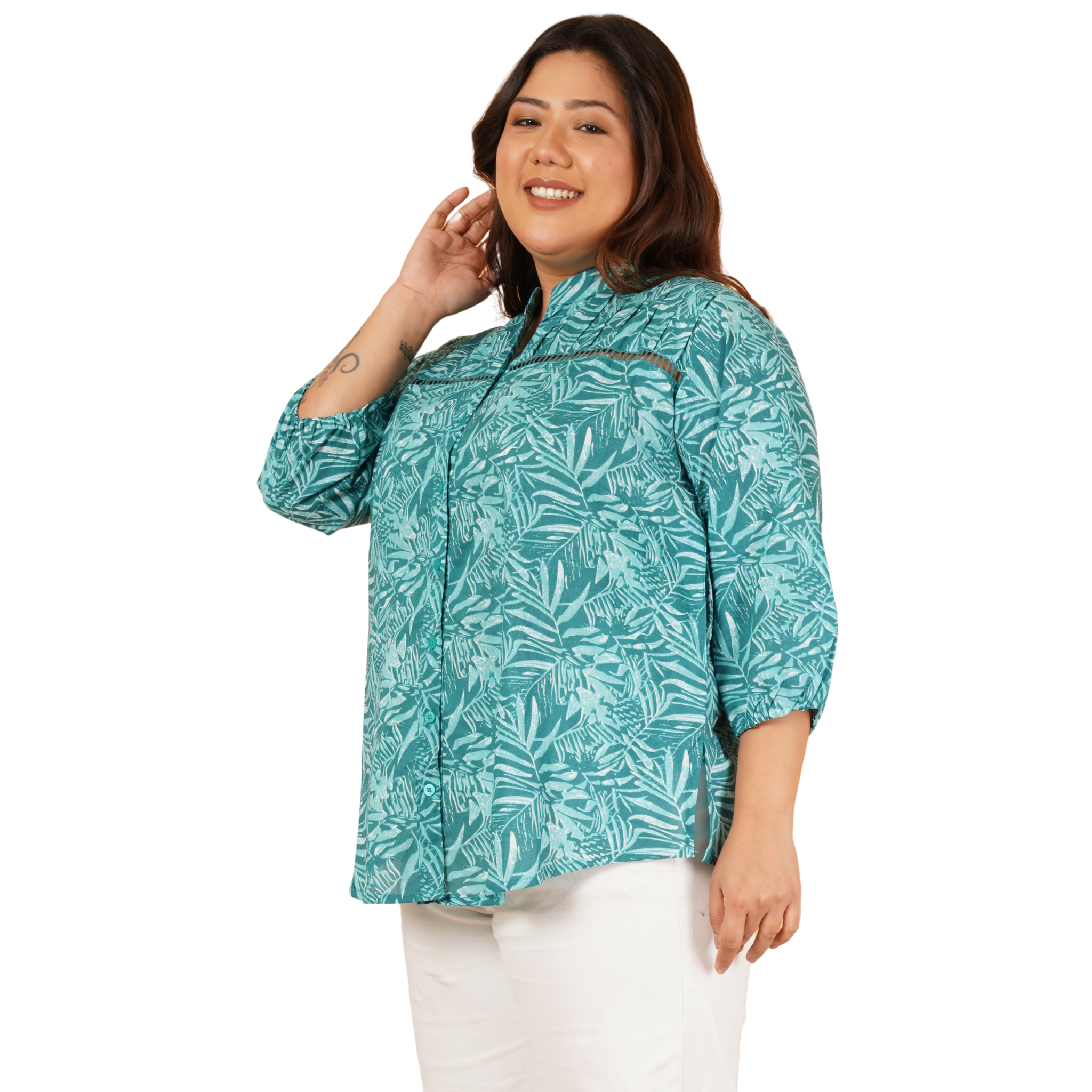 Green Leaf Print Plus Size Lace Shirt