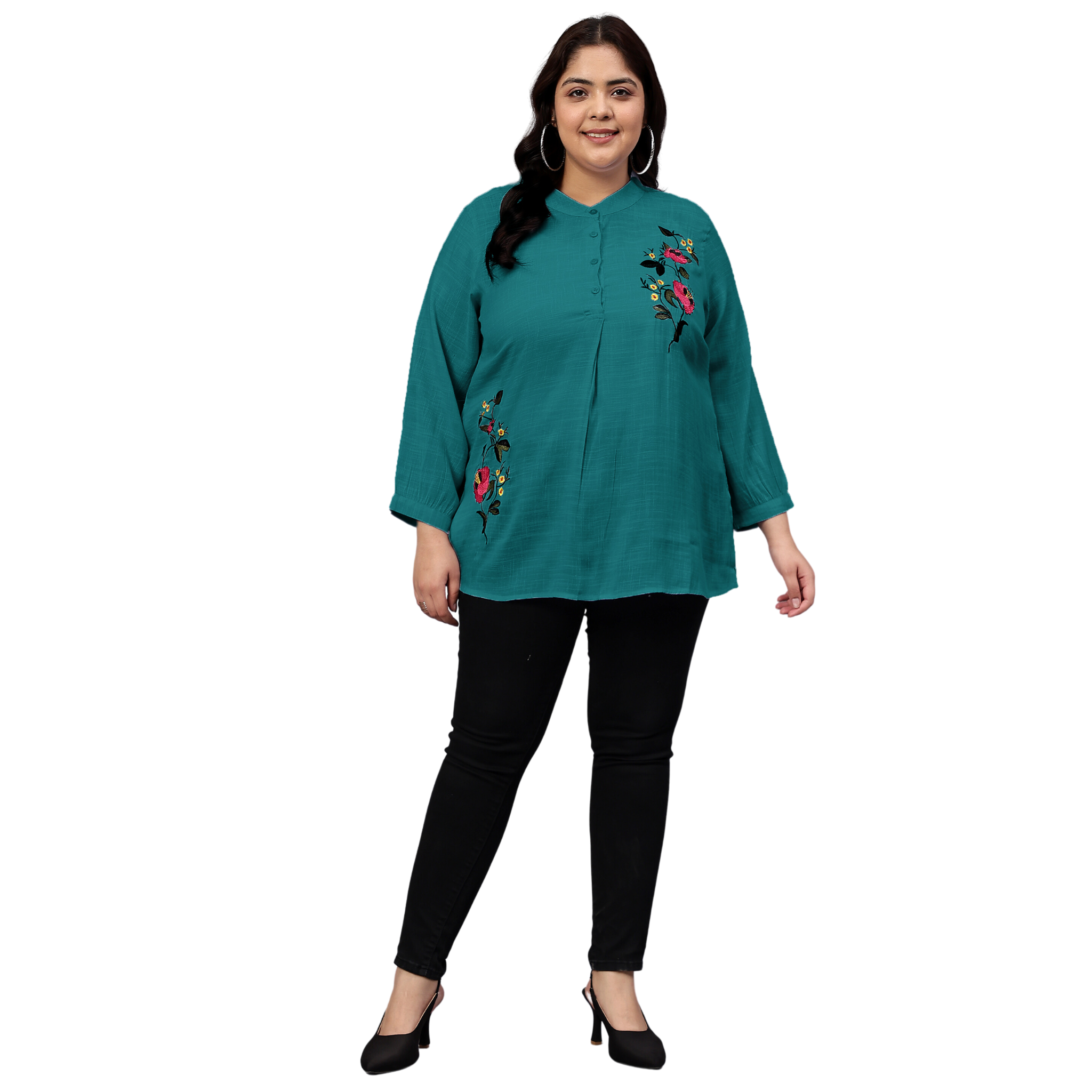 Turquoise Floral Embroidered Plus Size Tunic