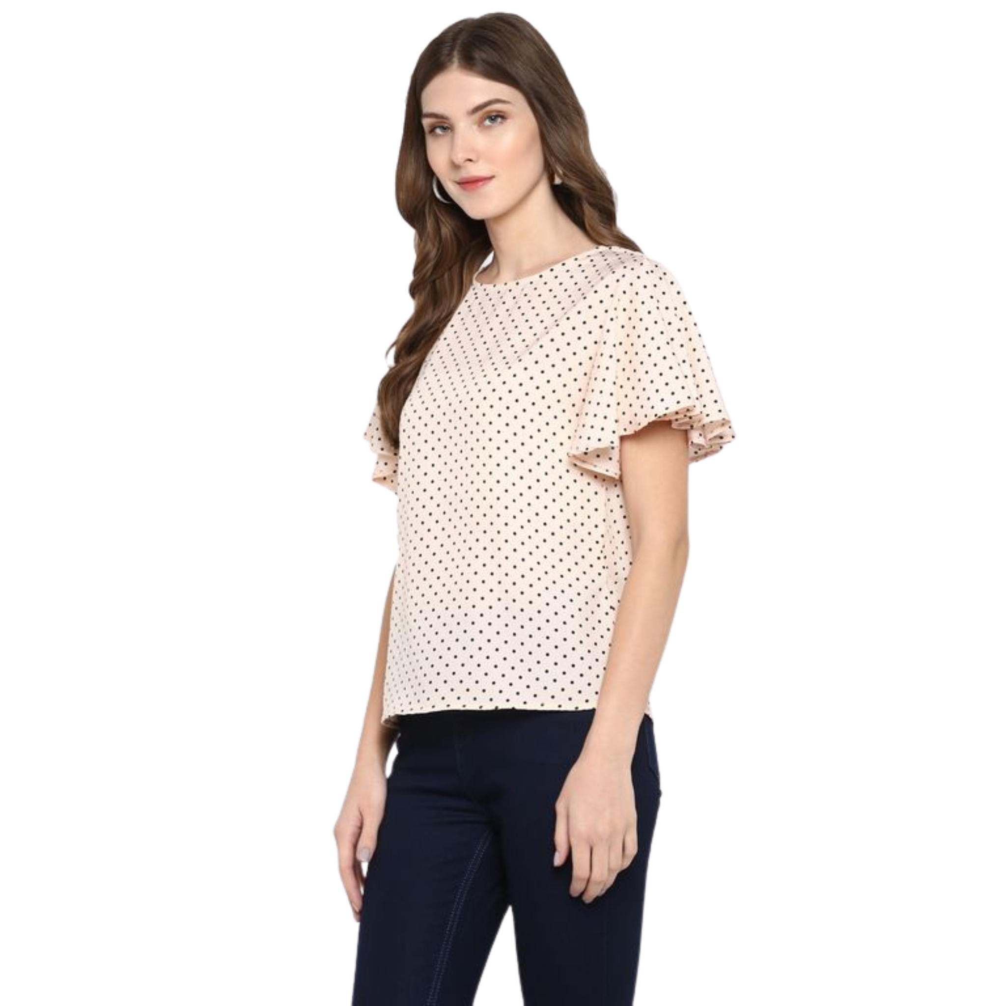 Peach Polka Dot Flutter Sleeve Top