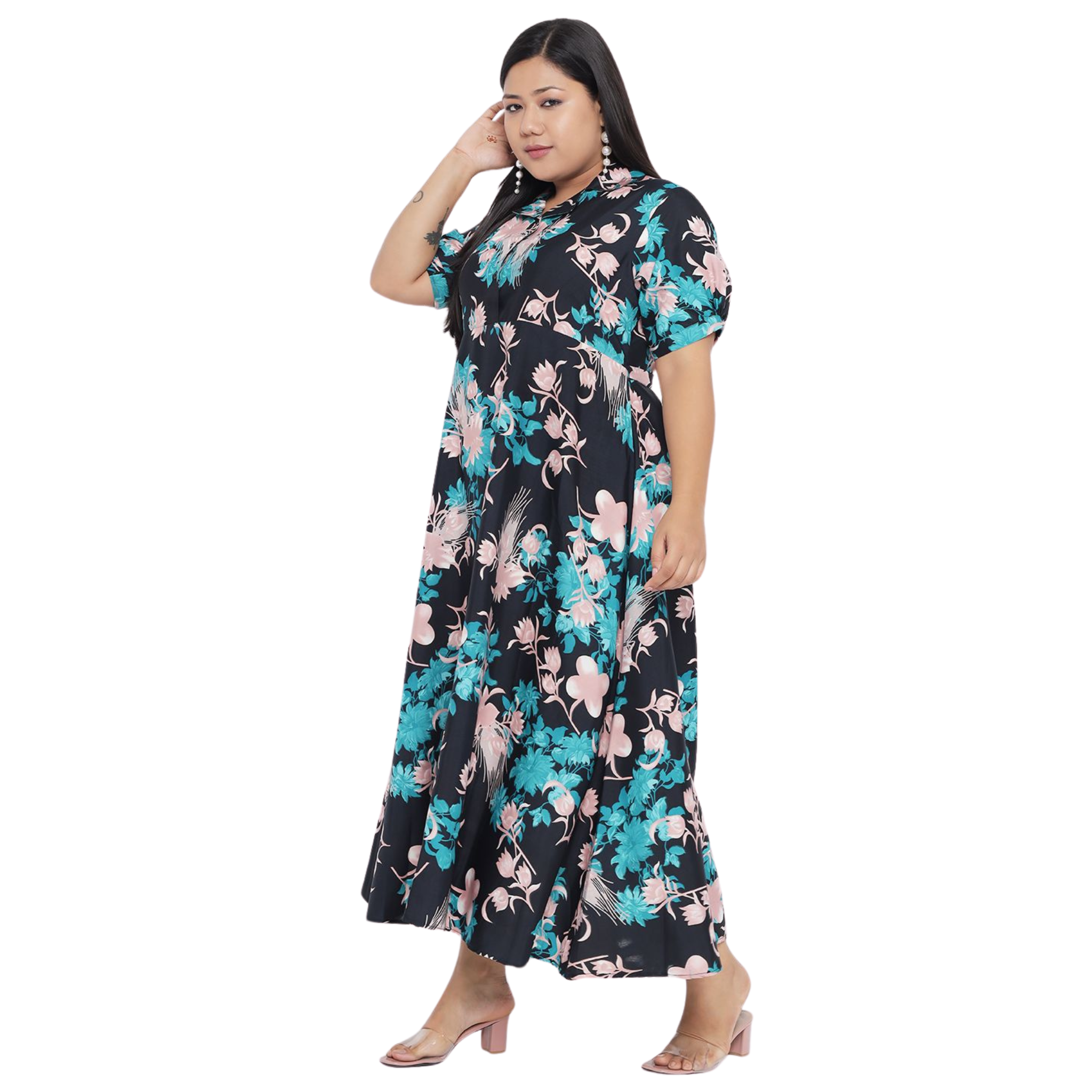 Black and Green Floral Plus Size Dress