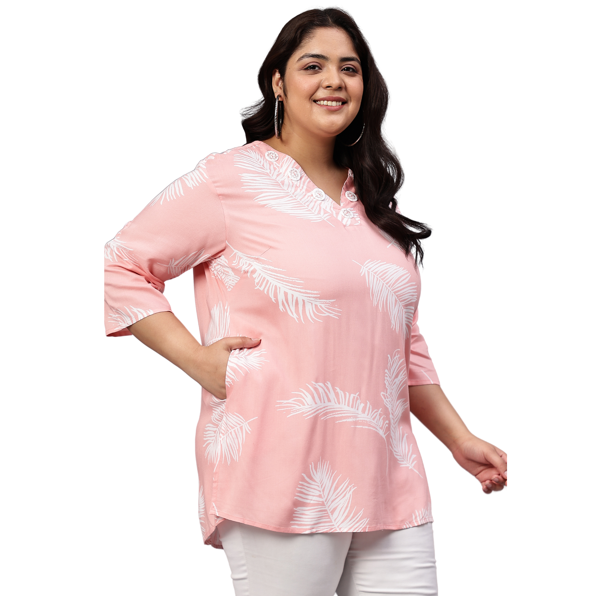 Pink Leaf Buttoned Plus Size Tunic
