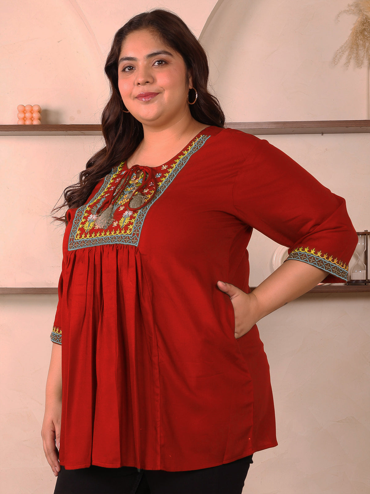 Red Embroidered Plus Size Tunic