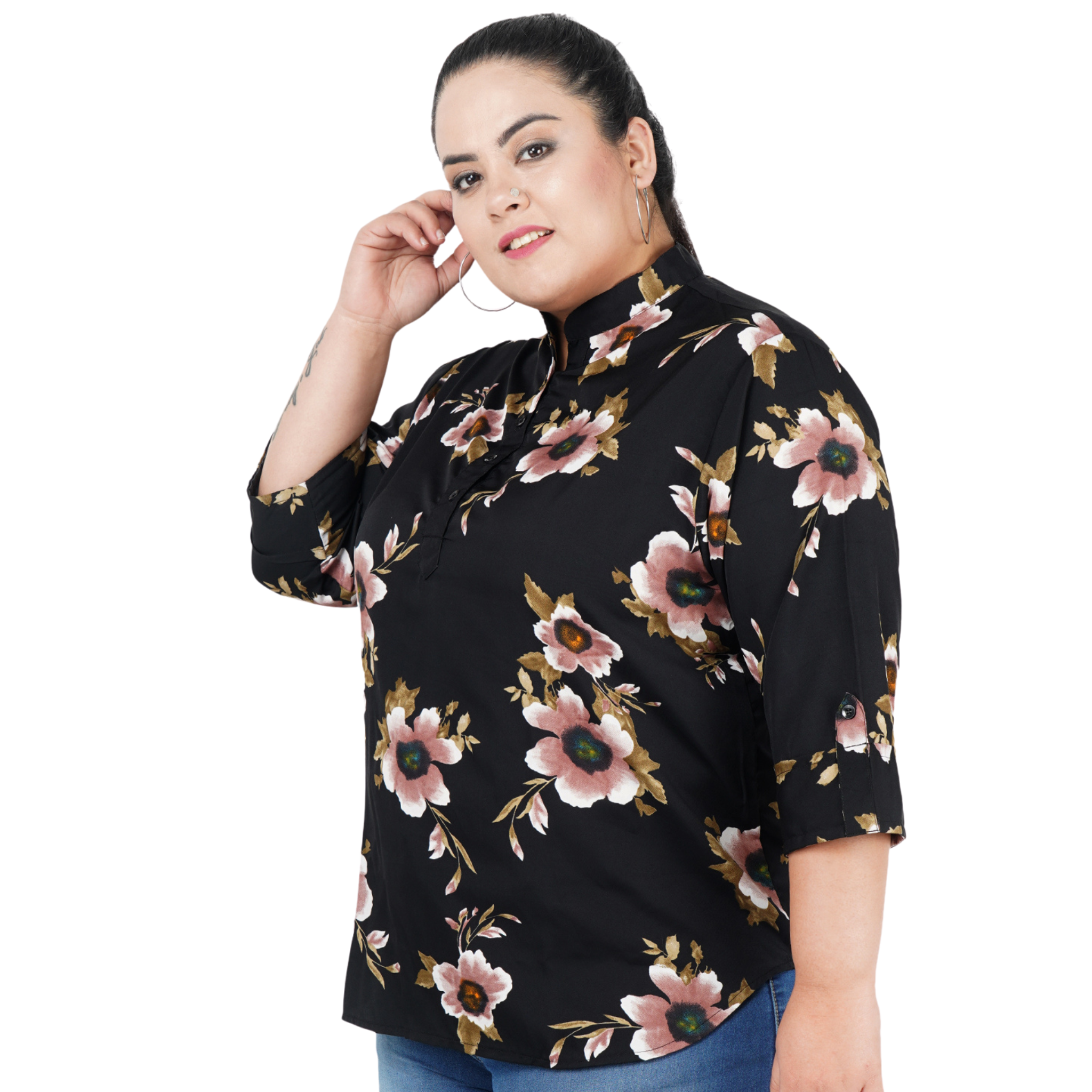 Black Floral Print Plus Size Tunic