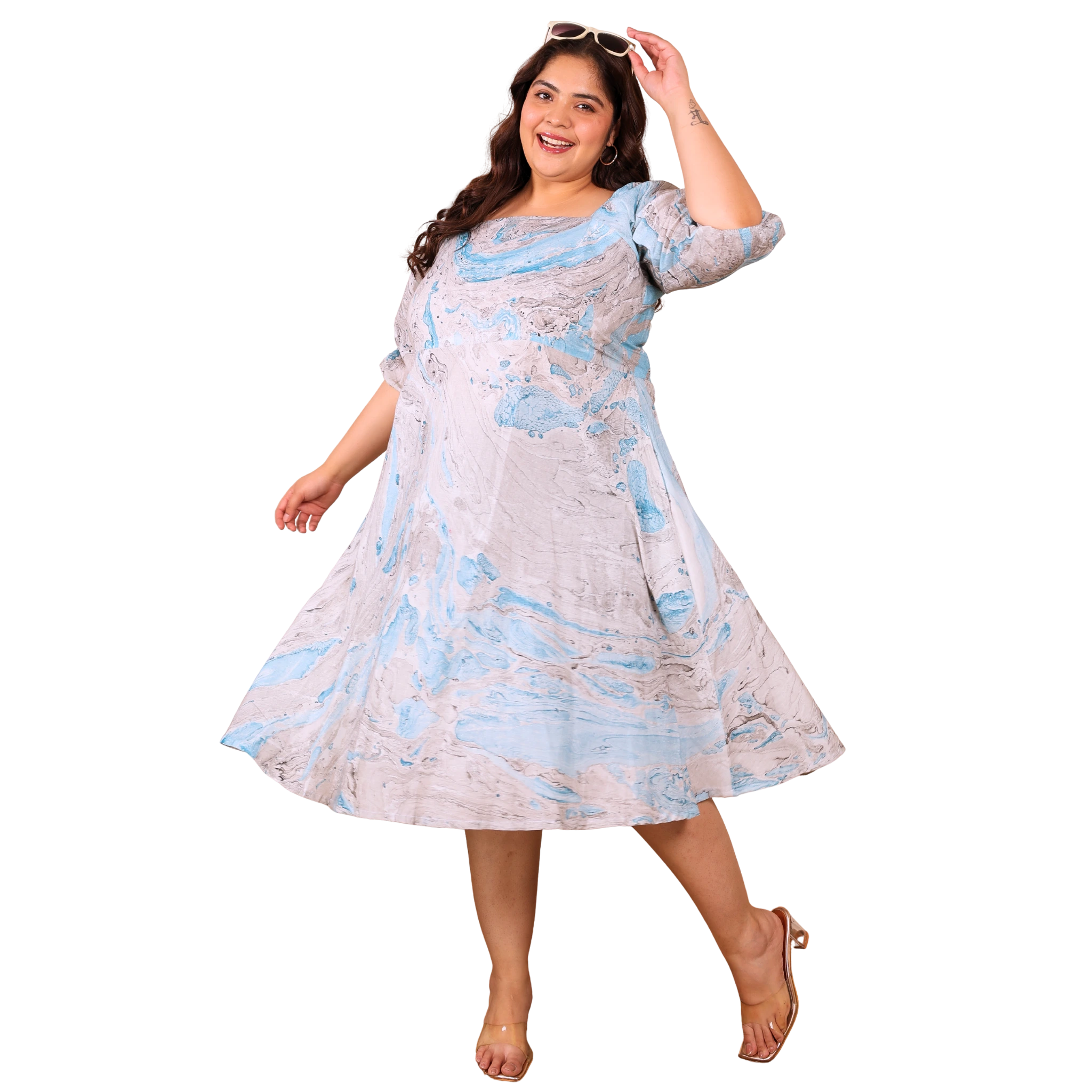 Blue Marble Print Plus Size Dress