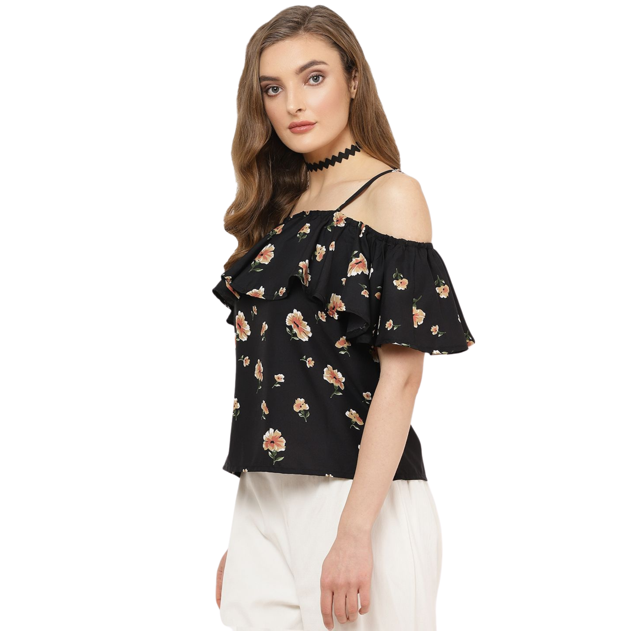 Black Floral Print Cold Shoulder Top