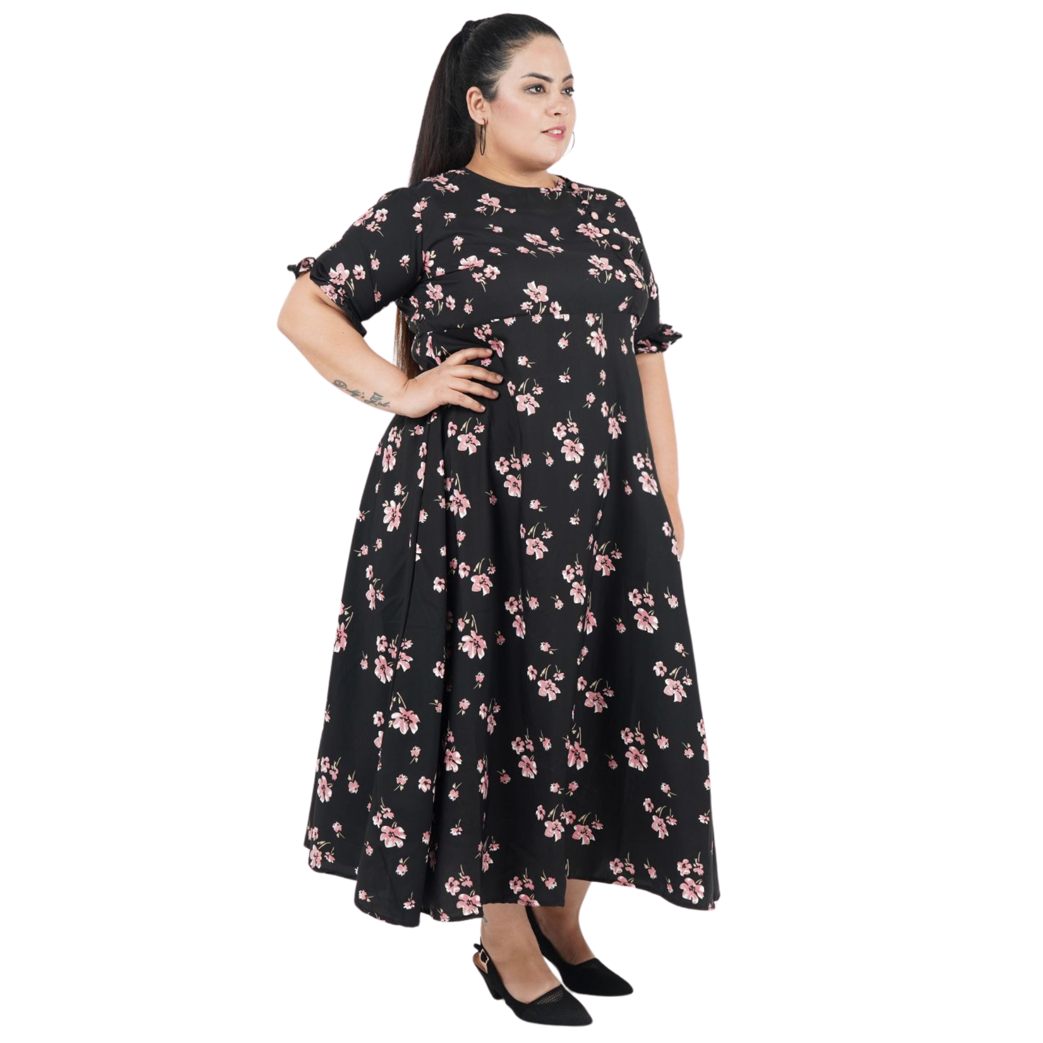 Black and Pink Floral Print Plus Size Dress