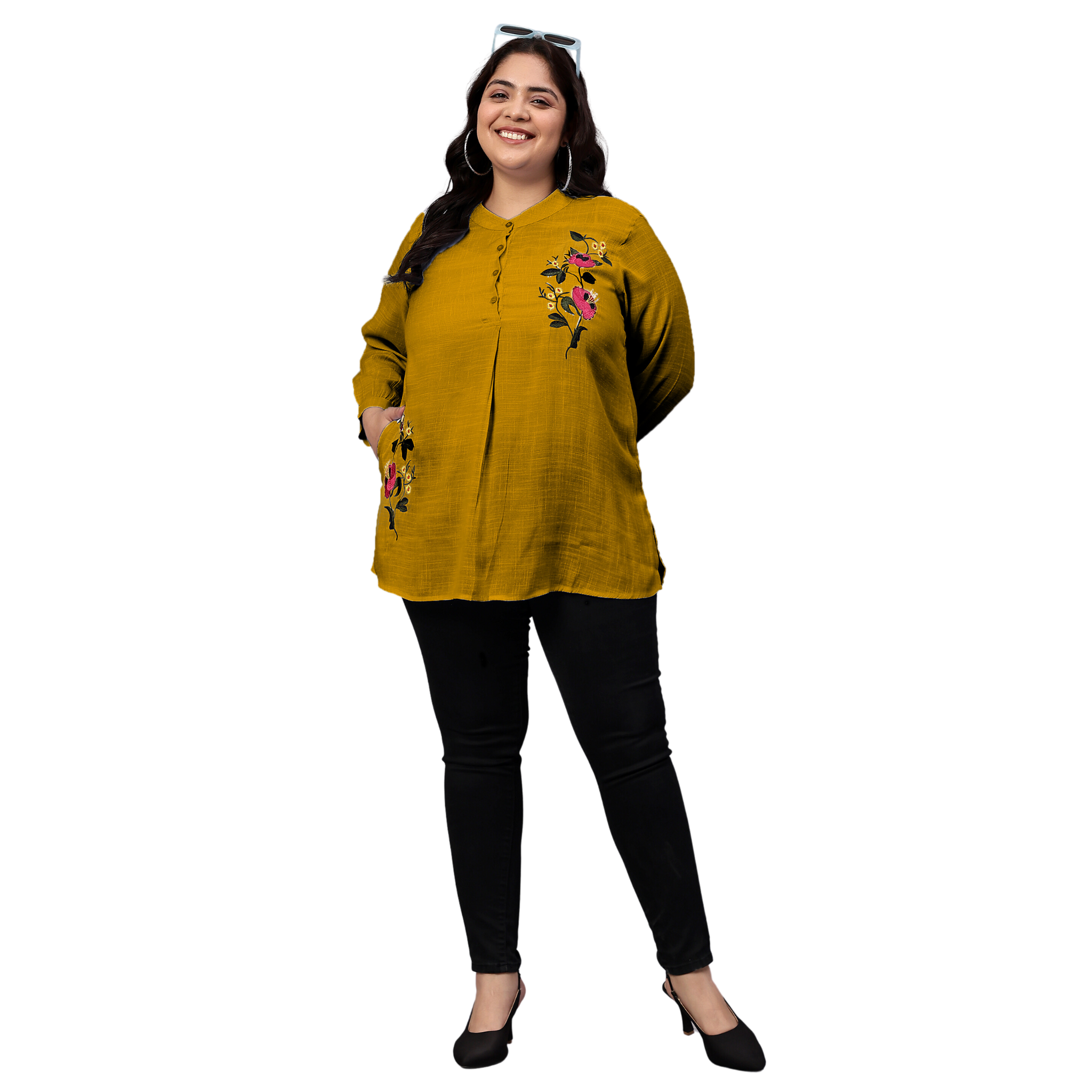 Mustard Floral Embroidered Plus Size Tunic