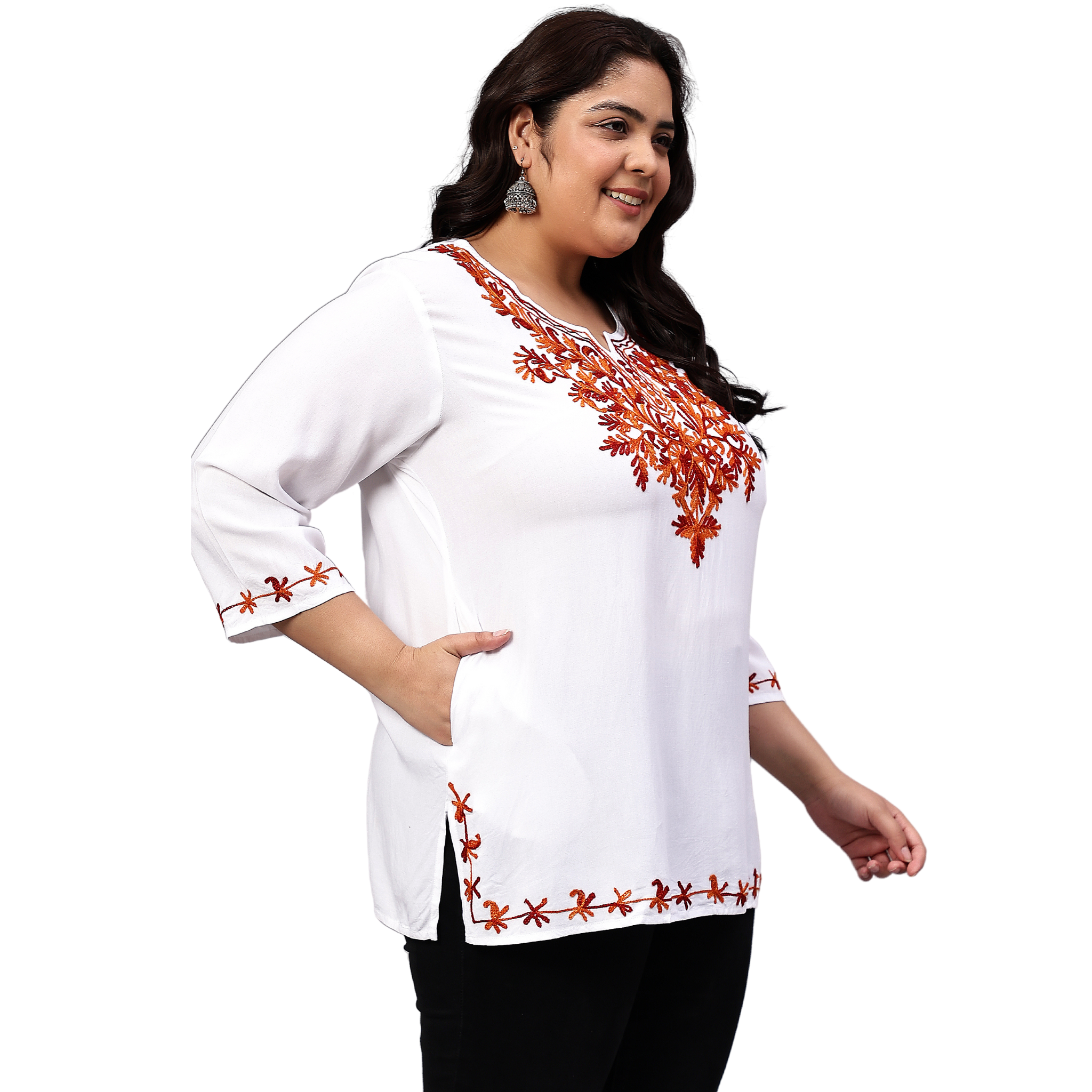White And Red Embroidered Plus Size Tunic