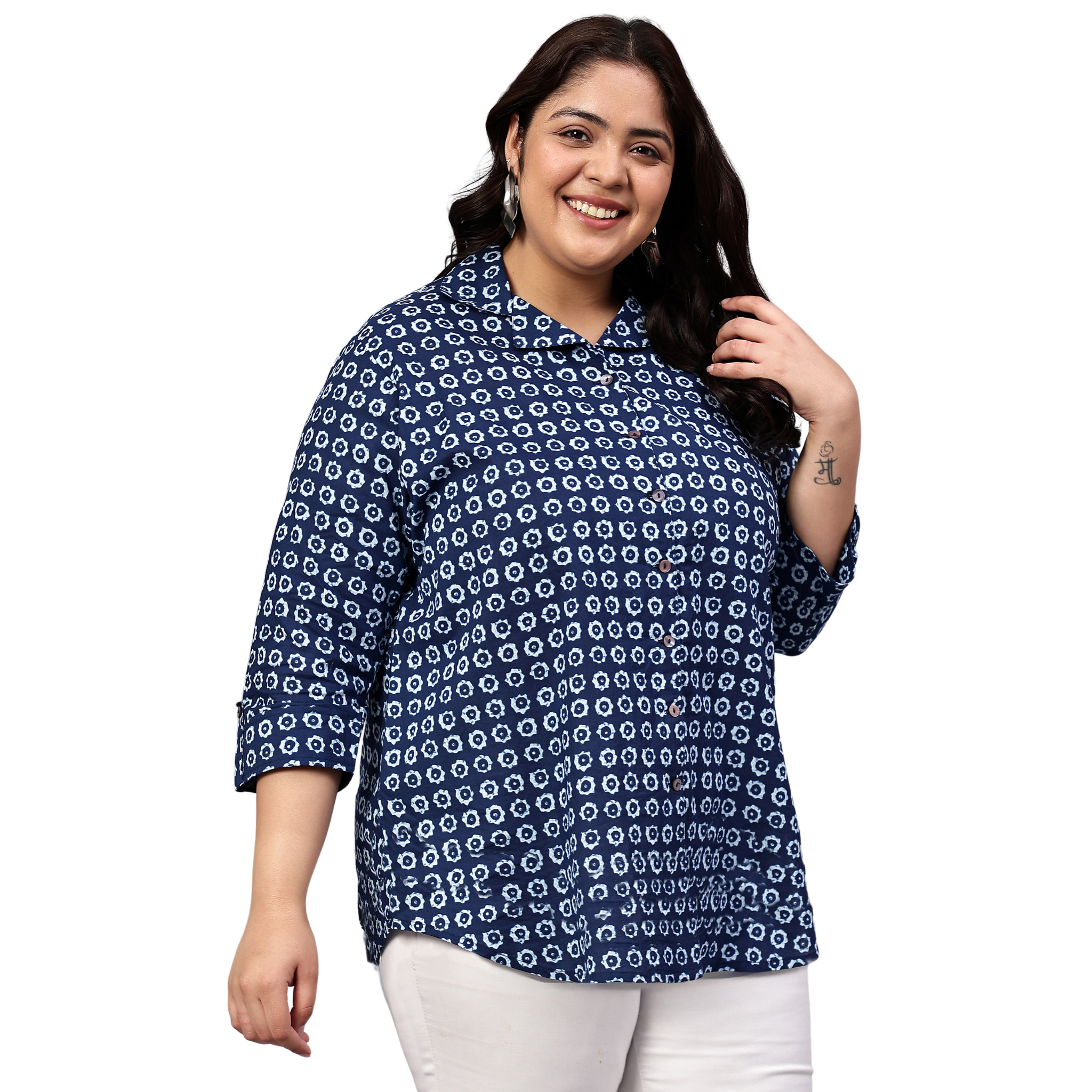 Blue Floral Print Plus Size Shirt