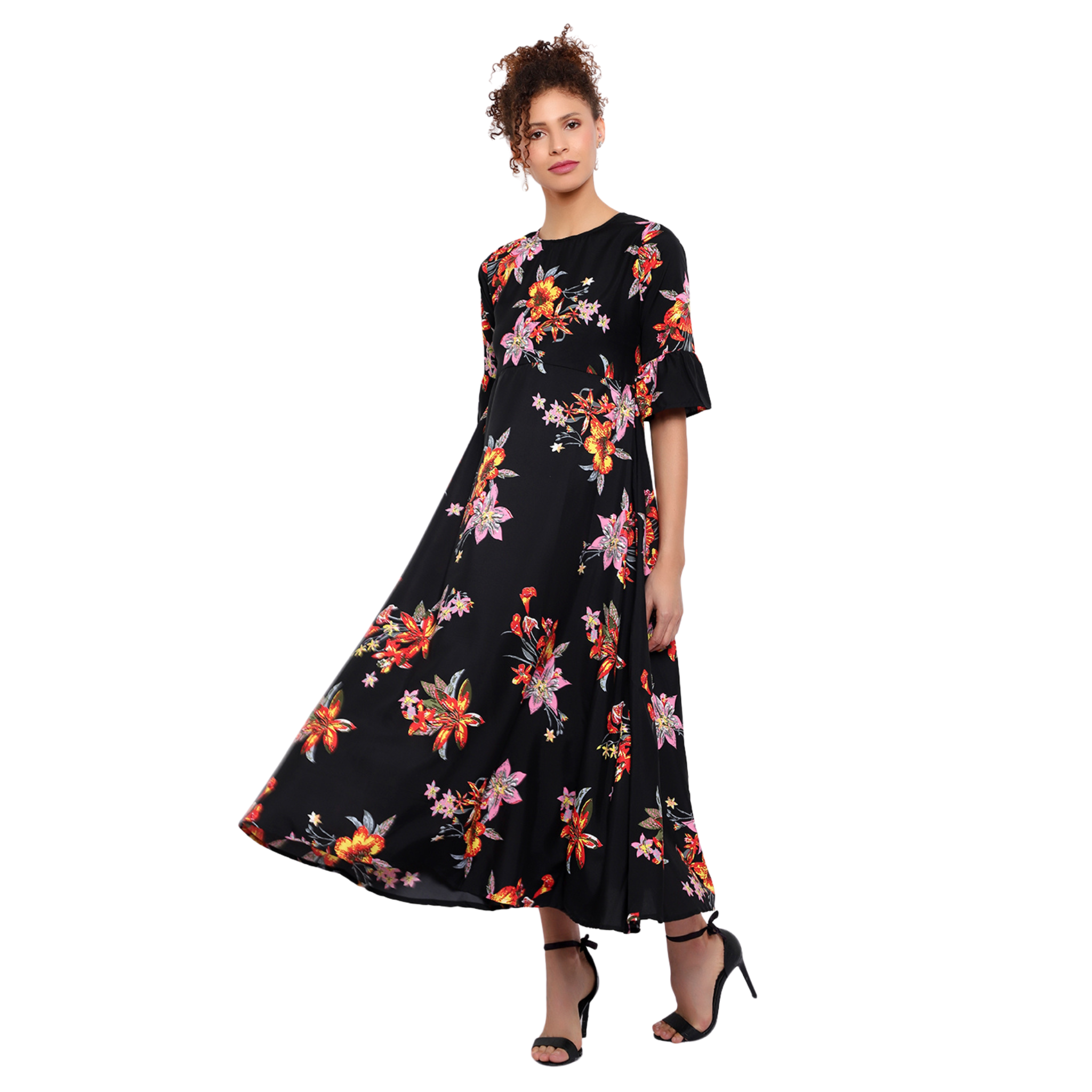 Black and Orange Floral Print Dress