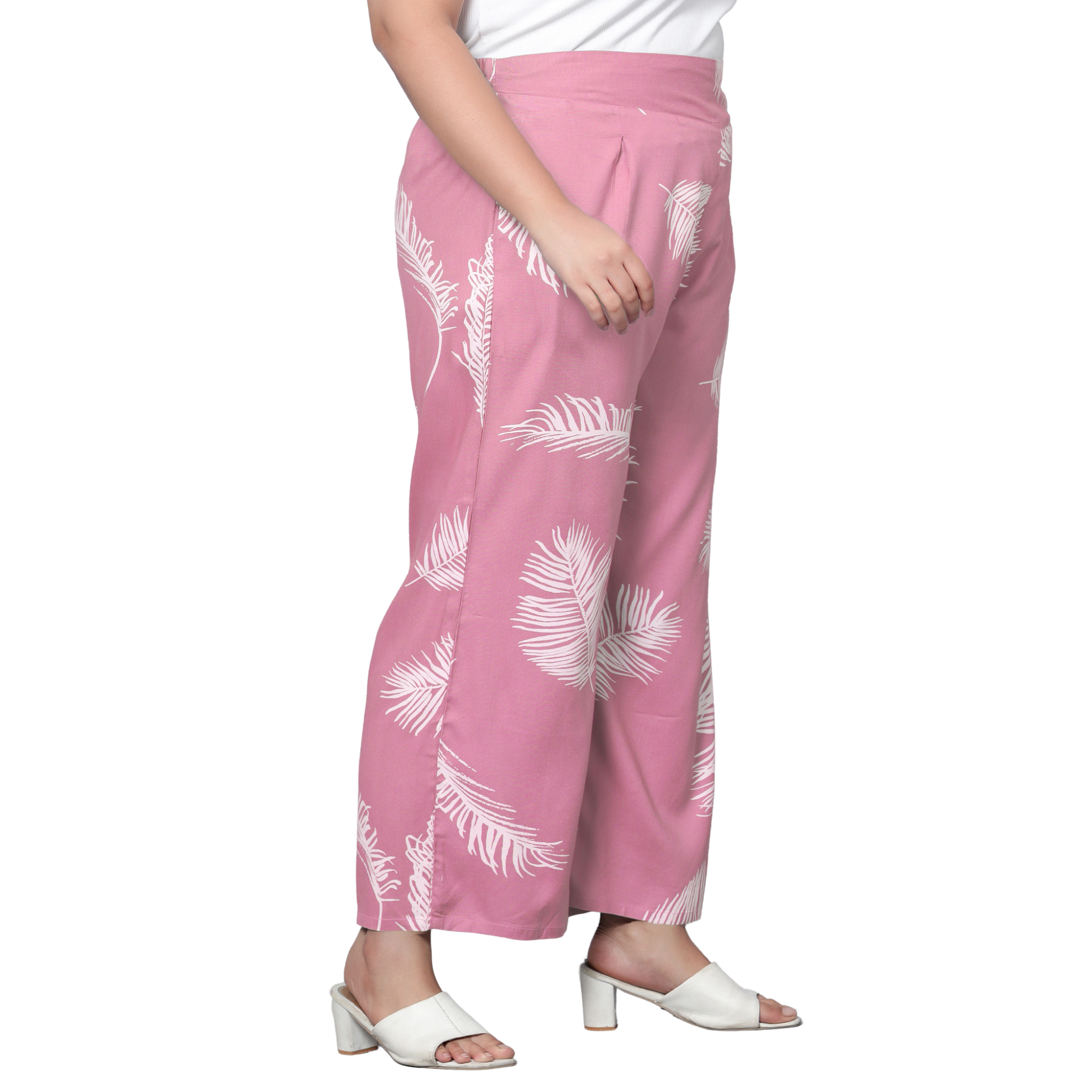Pink Leaf Print Plus Size Trousers