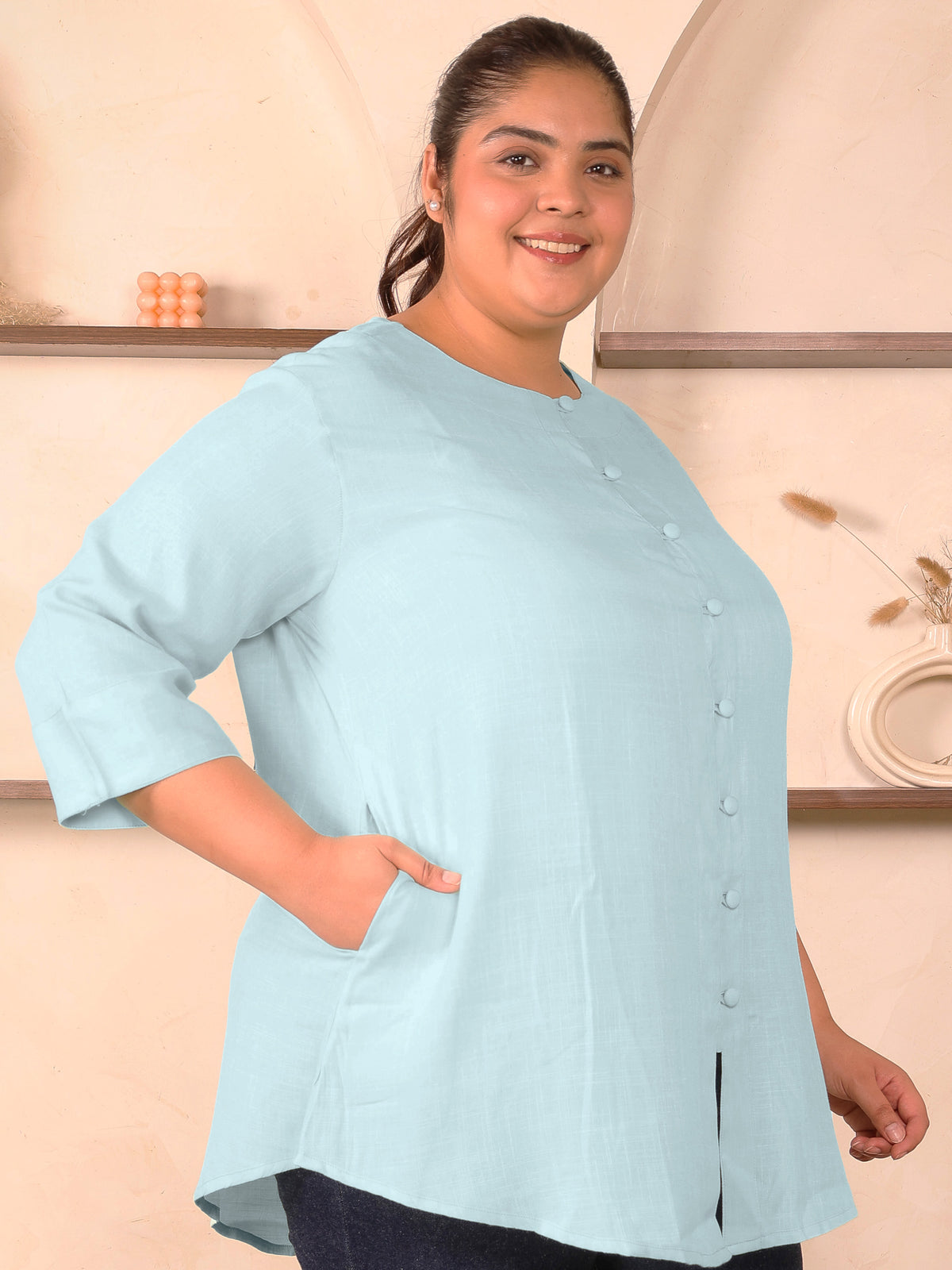 Blue Cotton Linen Plus Size Tunic