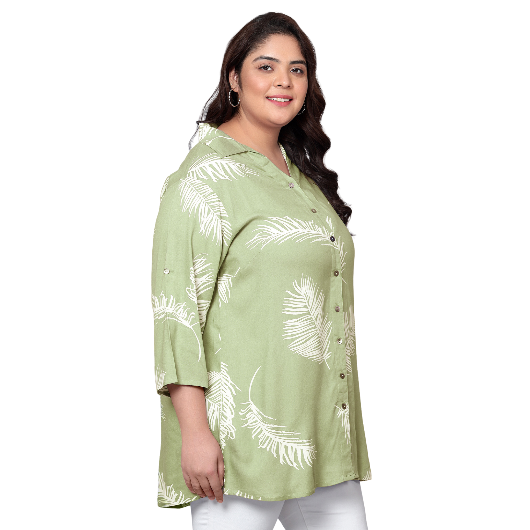 Green Leaf Print Plus Size Shirt