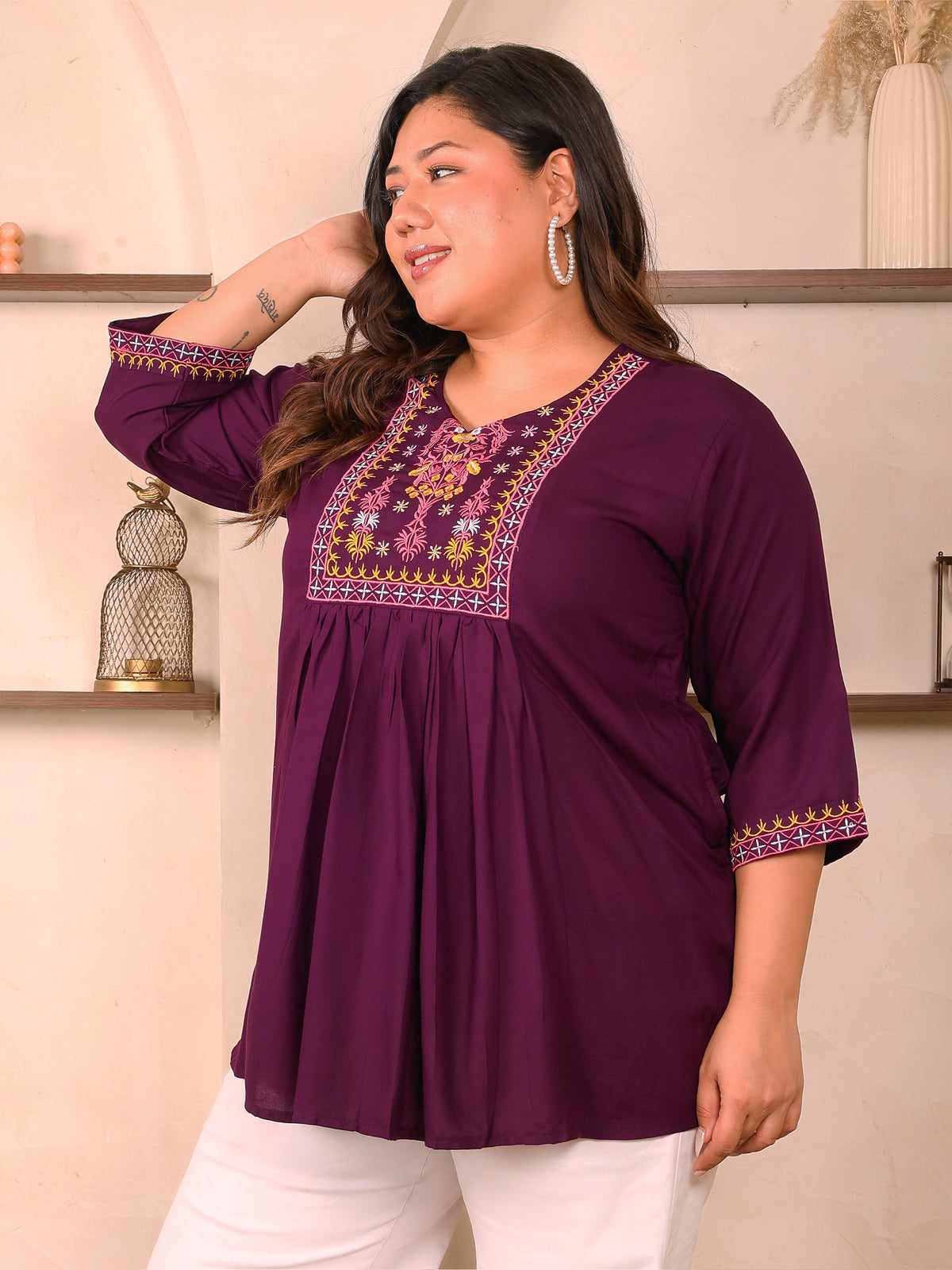 Burgundy Embroidered Plus Size Tunic