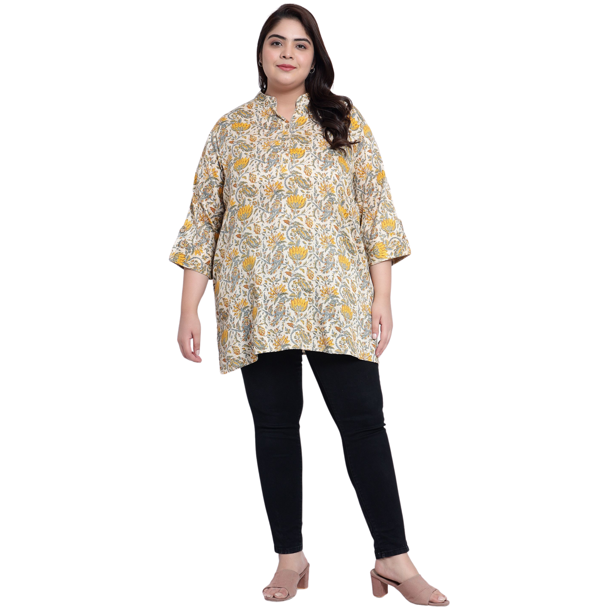 Yellow and Beige Floral Print Plus Size Tunic