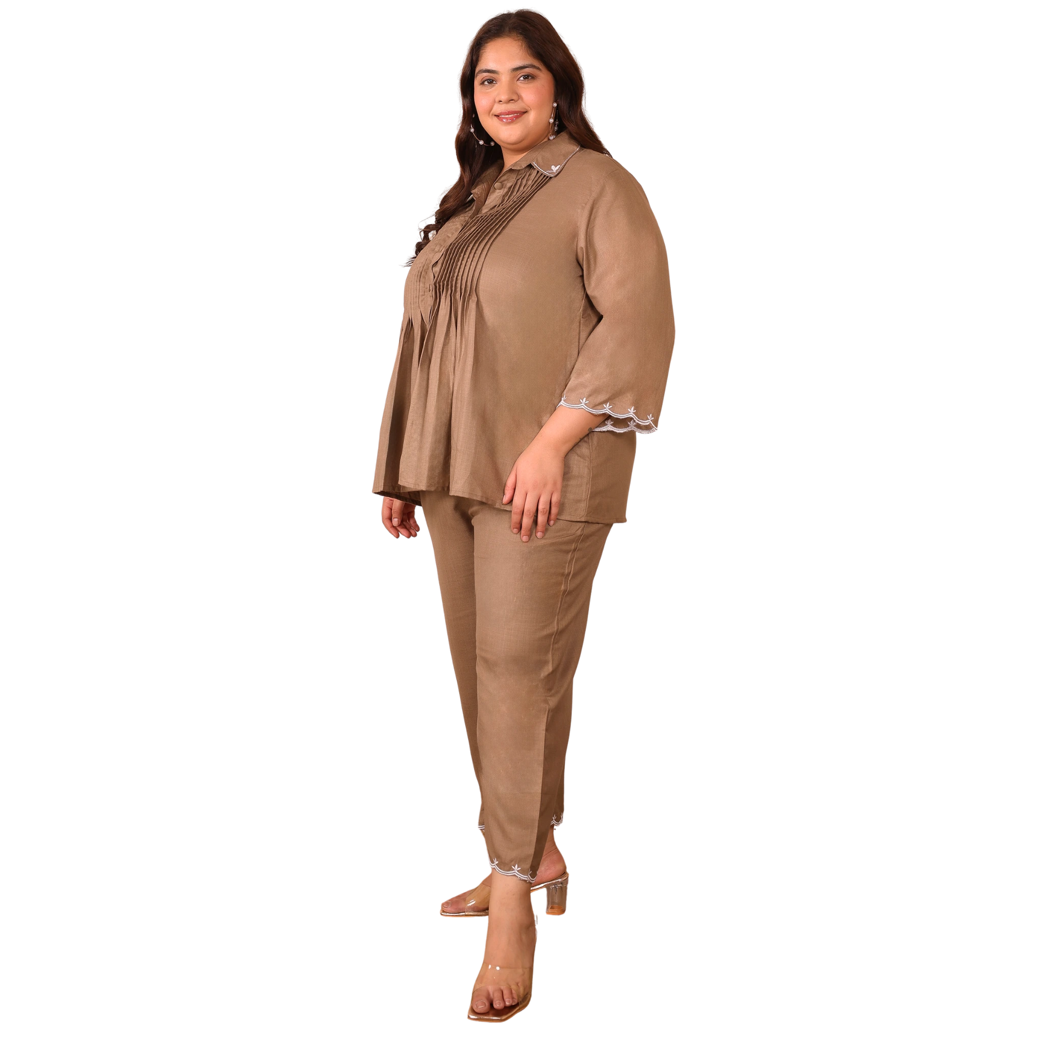 Brown Cotton Collar Embroidered Co Ord Set