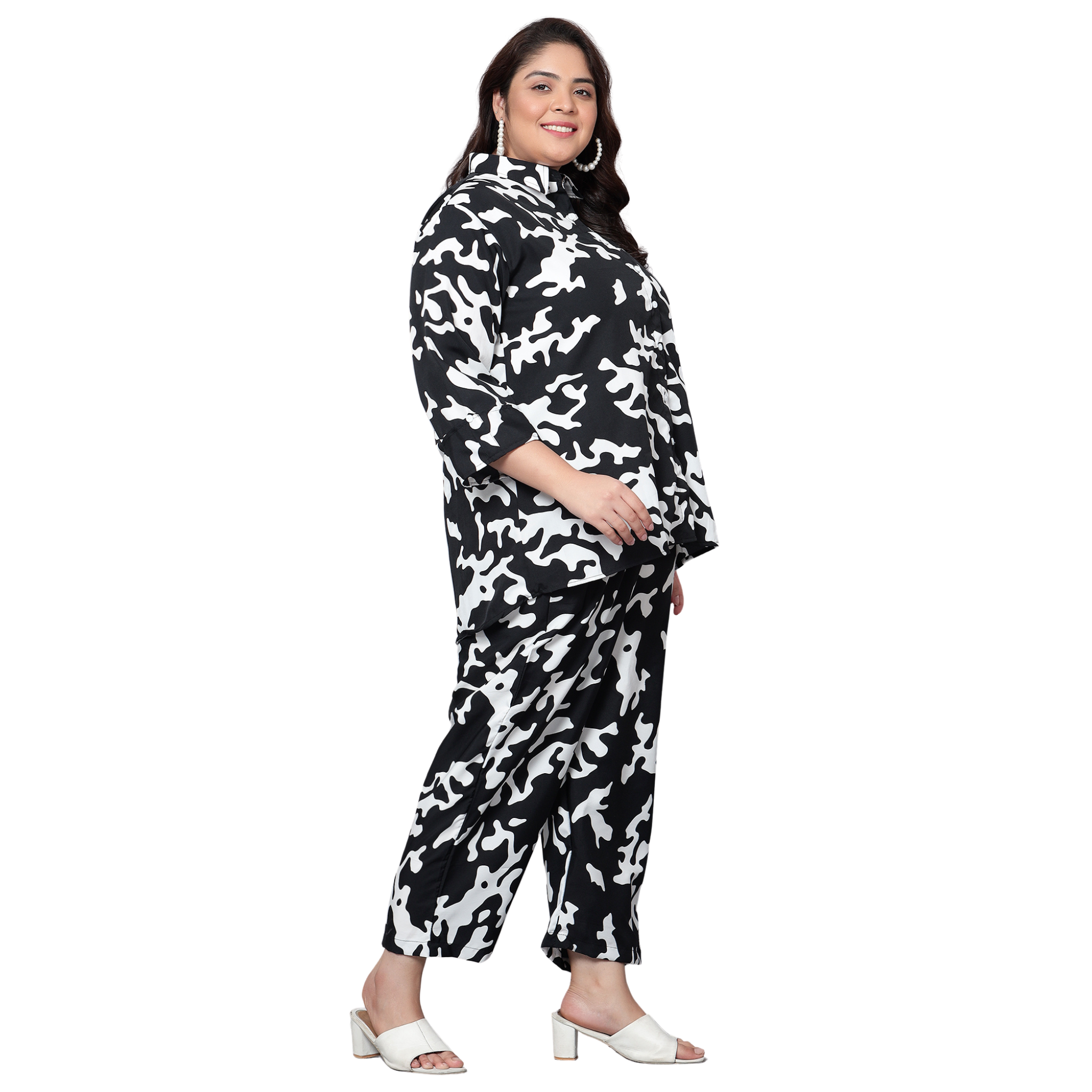 Black and White Abstract Print Plus Size Co-Ord Set