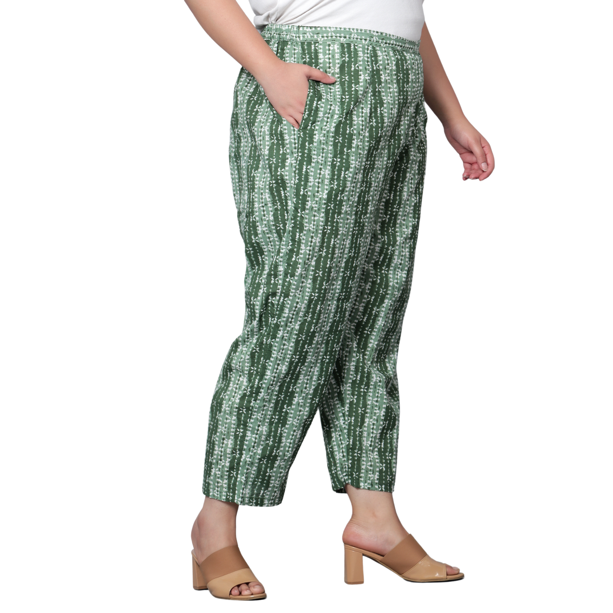Green Hand Block Print Plus Size Trousers