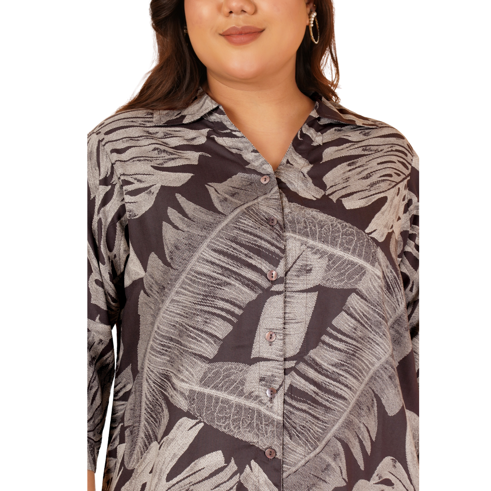 Brown Leaf Print Plus Size Shirt