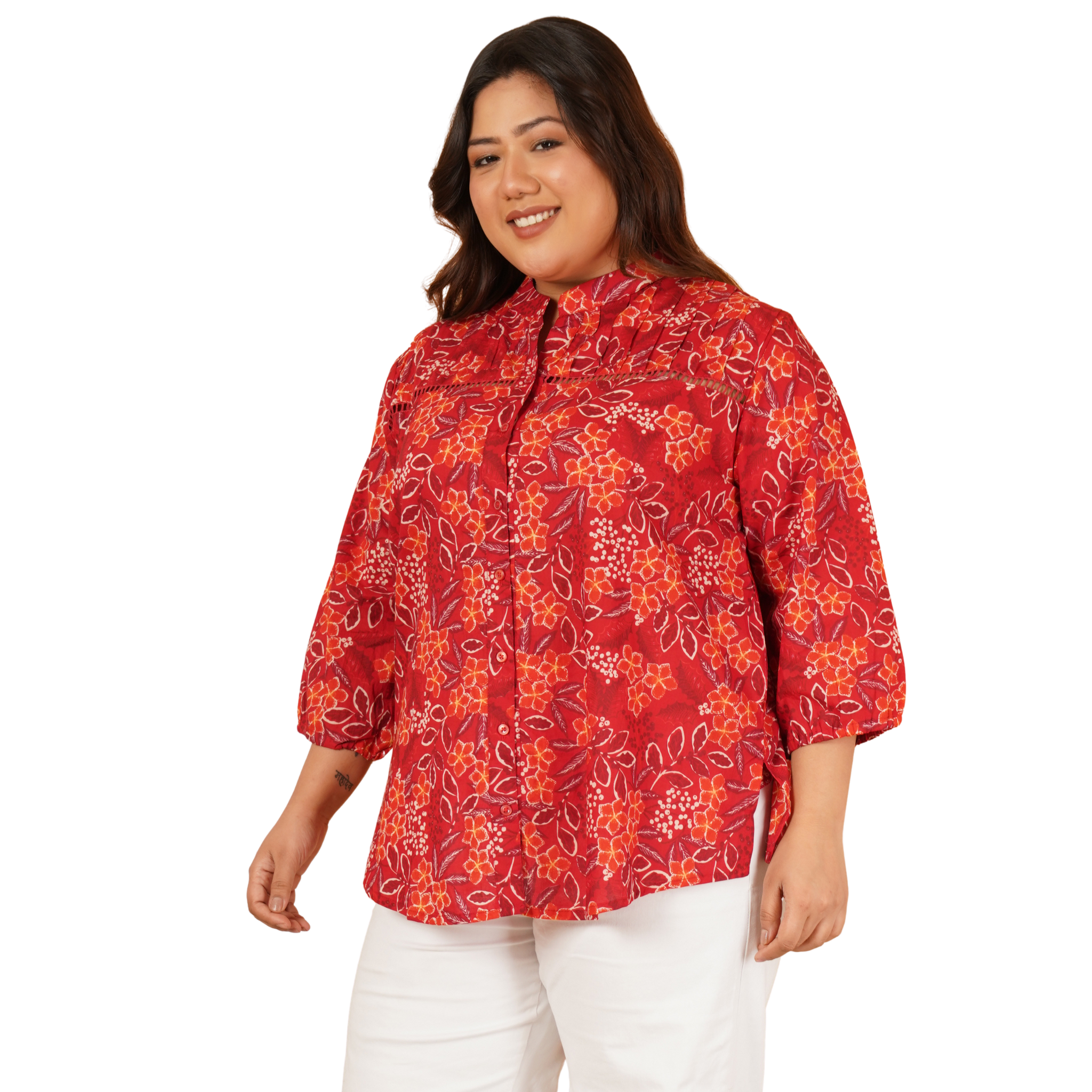 Red Floral Print Plus Size Lace Shirt