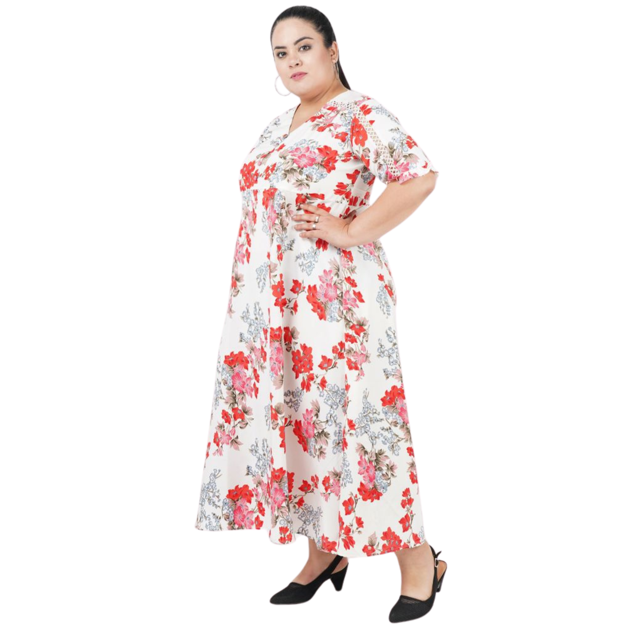 White and Red Floral Print Plus Size Dress