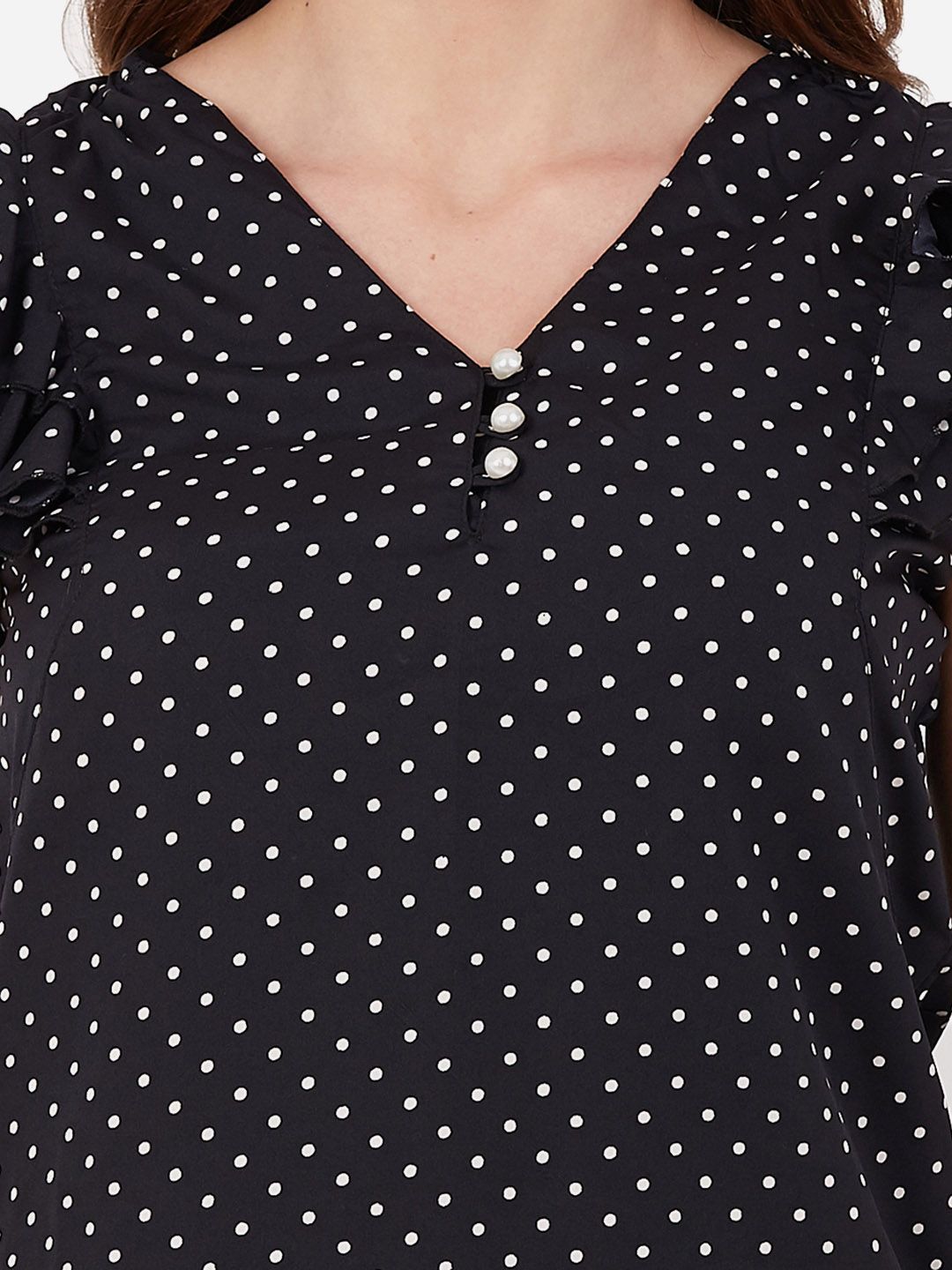 Black Polka Dot Buttoned Ruffle Top — view 7