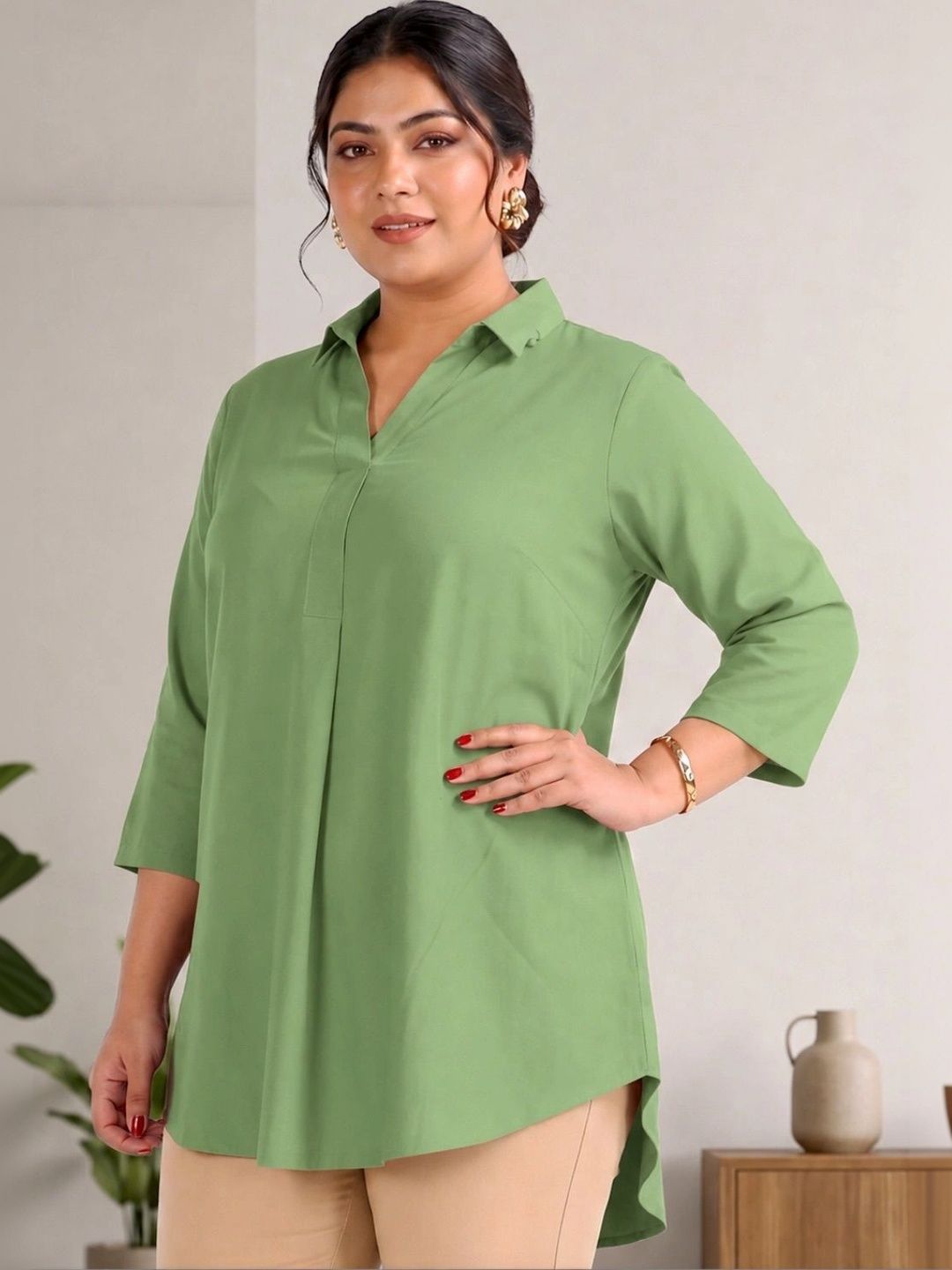 Green Rayon Centrepleat Longline Tunic — view 6