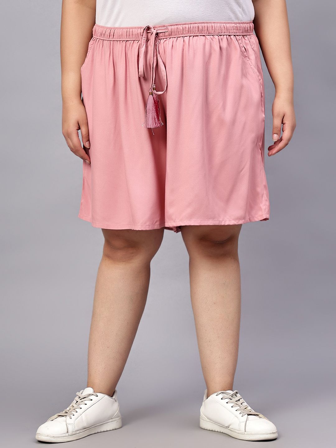 Pink Solid Plus Size Flared Shorts — view 1
