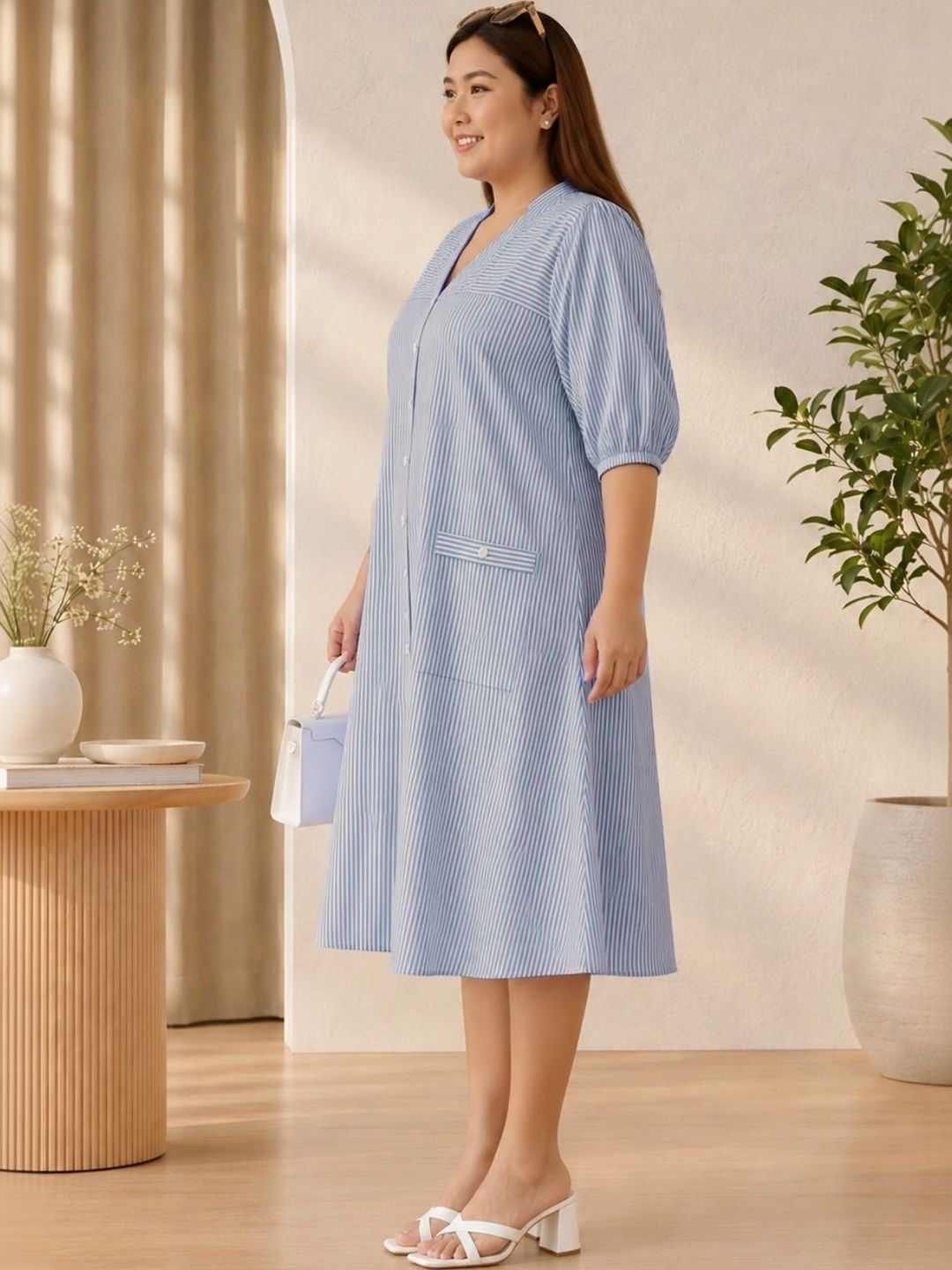 Blue Stripe Print Linen Midi Dress — view 3