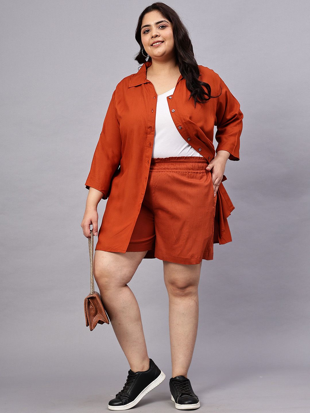 Rust Orange Solid Shirt And Short Set — view 5