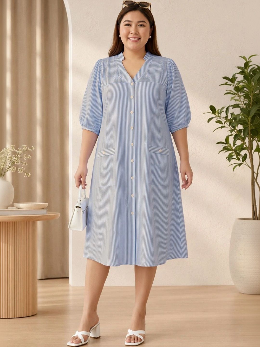 Blue Stripe Print Linen Midi Dress — view 5