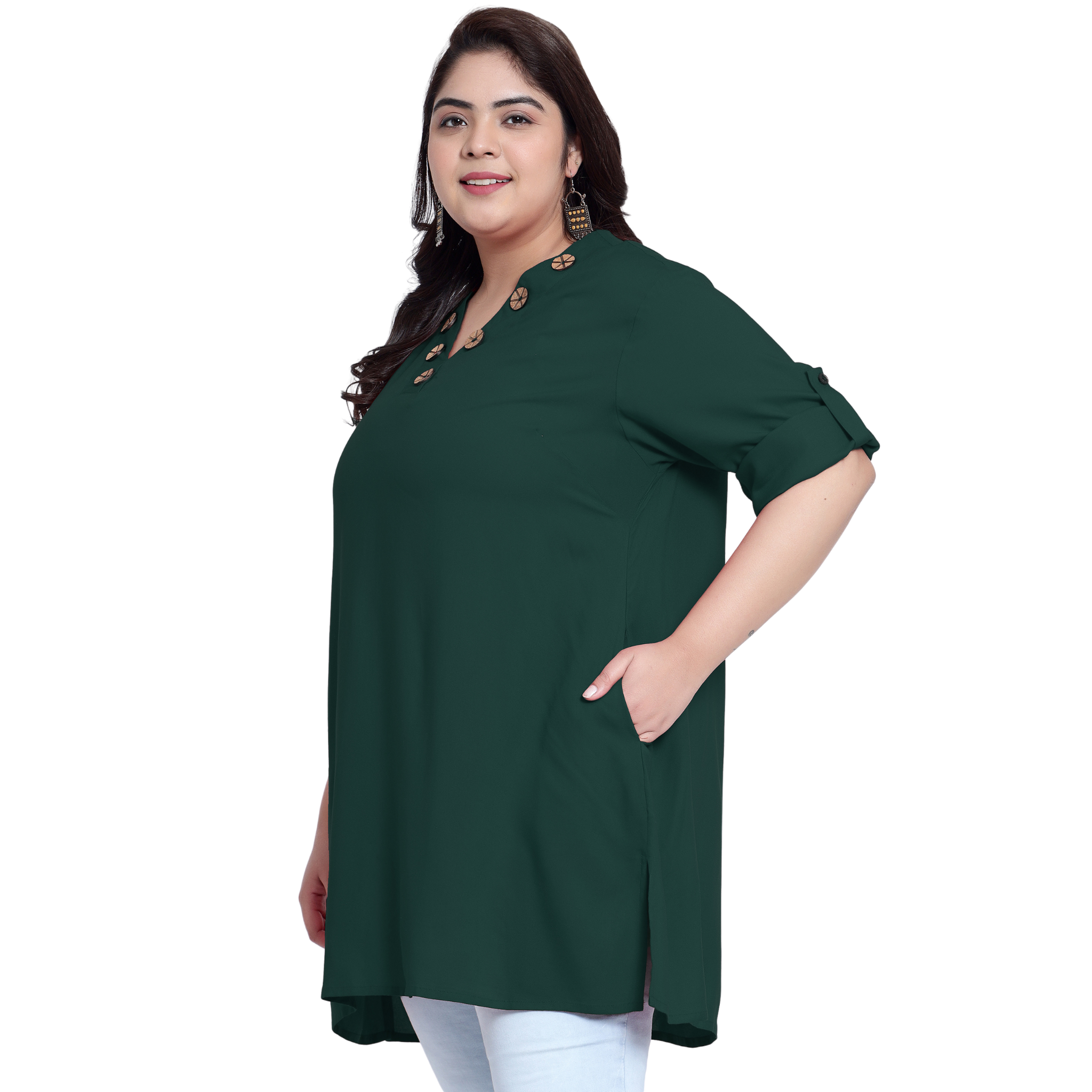 Green Collar Button Plus Size Tunic