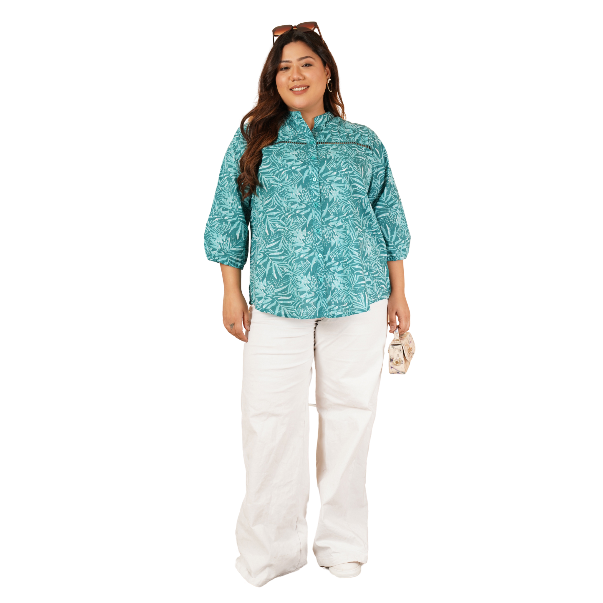 Green Leaf Print Plus Size Lace Shirt