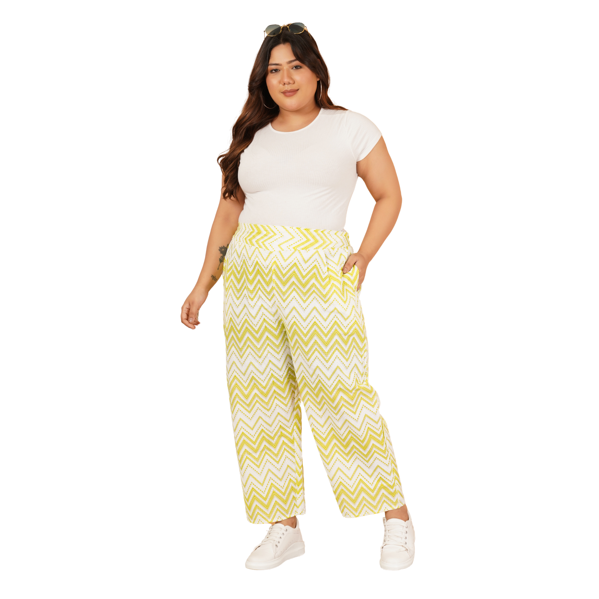Yellow Stripe Print Plus Size Trouser