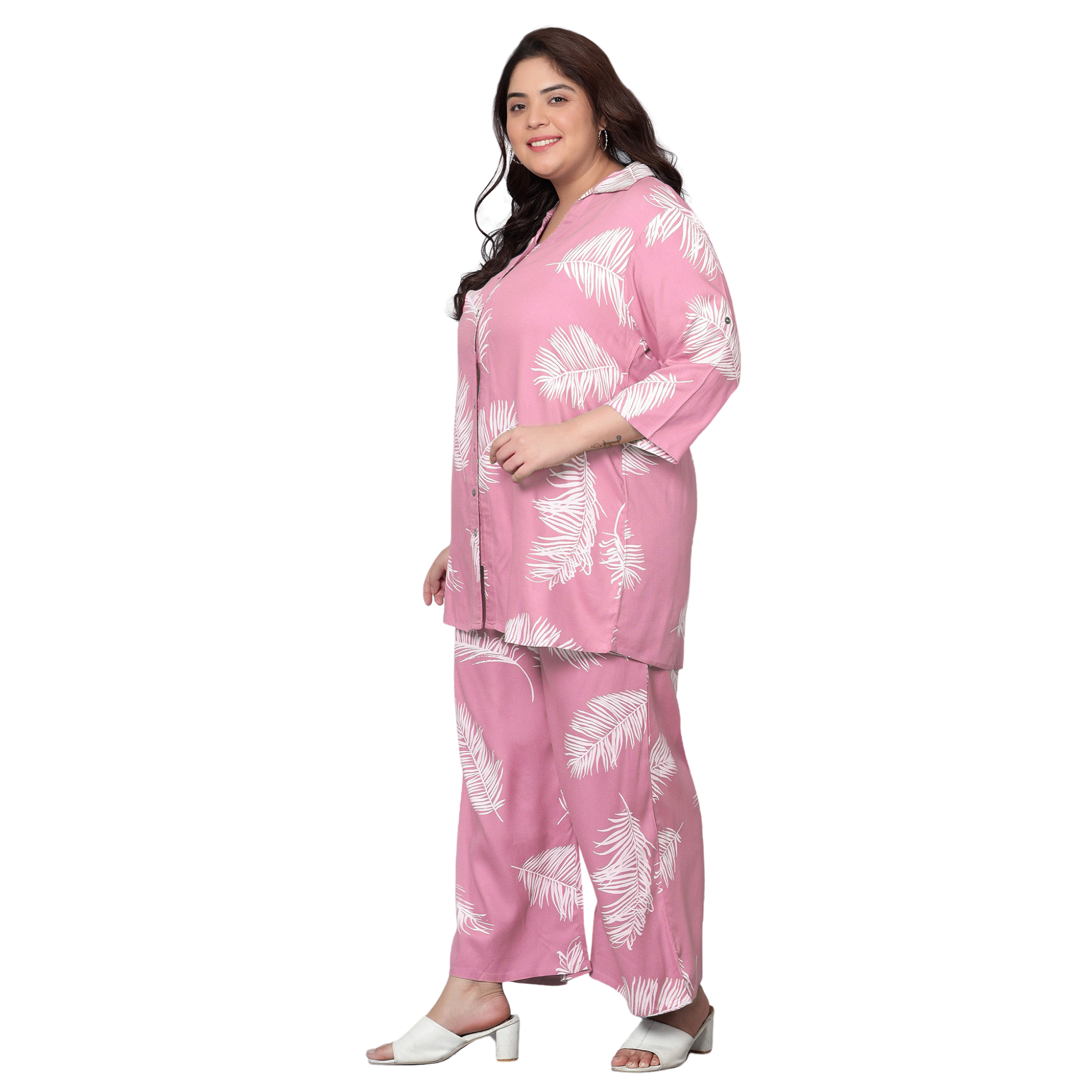 Pink Leaf Print Plus Size Co-Ord Set