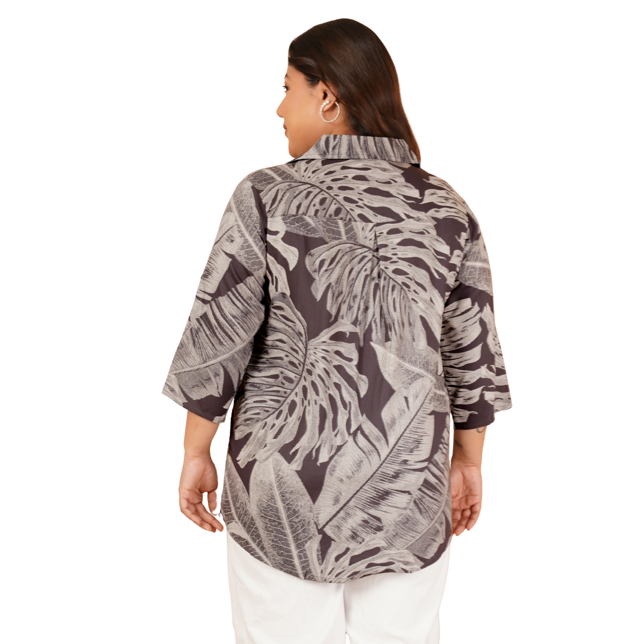 Brown Leaf Print Plus Size Shirt