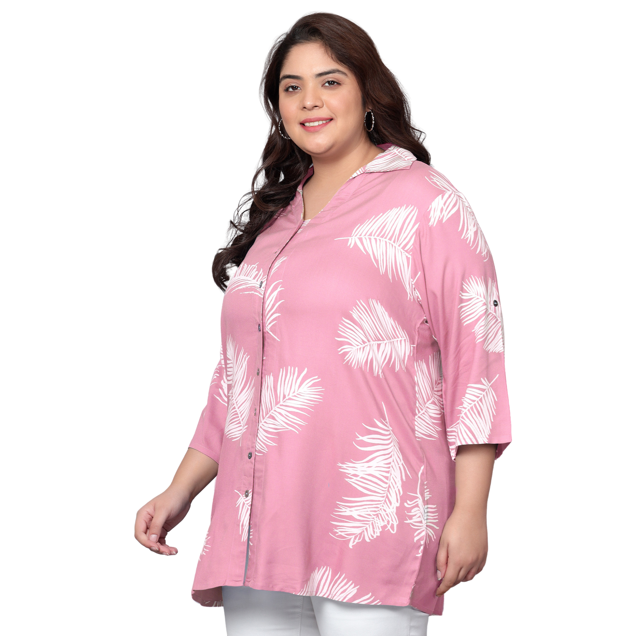 Pink Leaf Print Plus Size Shirt