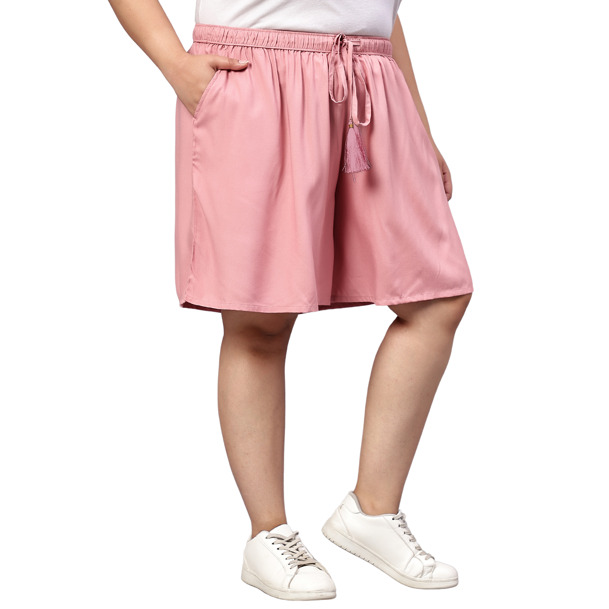 Pink Solid Plus Size Flared Shorts