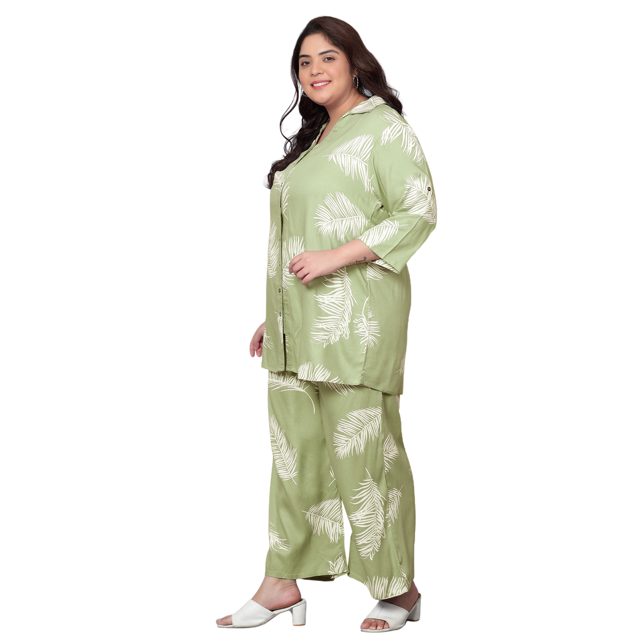 Green Leaf Print Plus Size Co-Ord Set