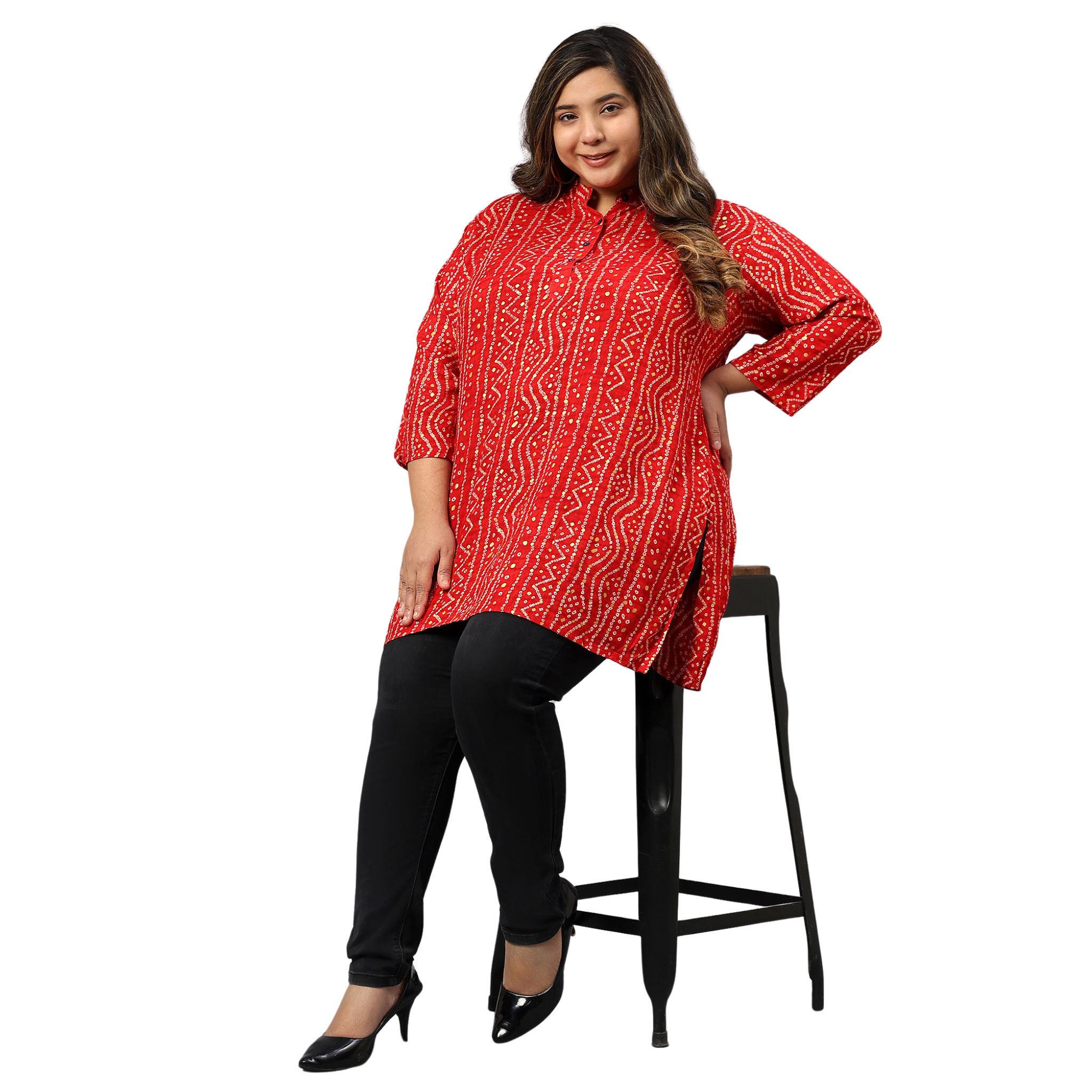 Red Bandhani Print Plus Size Tunic