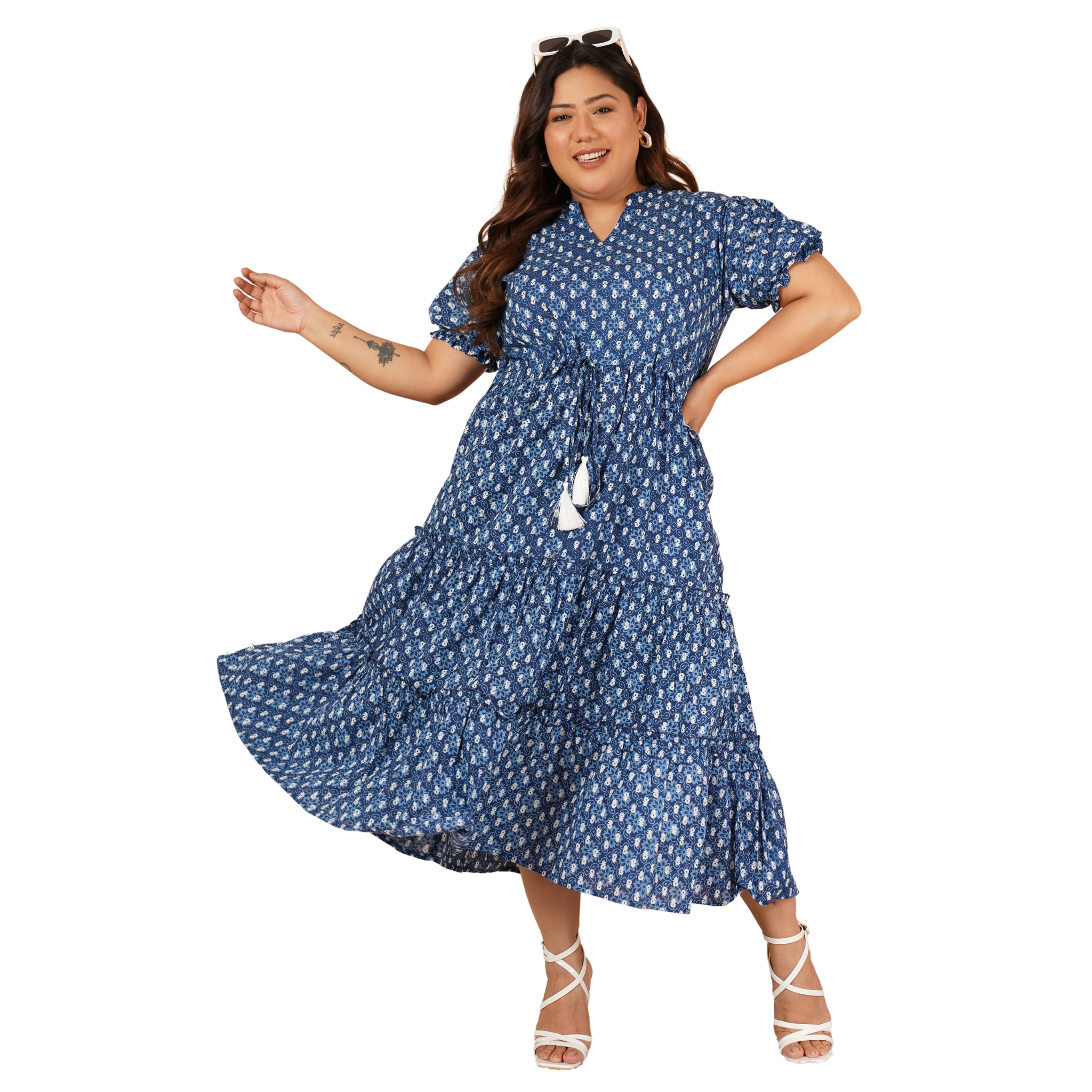 Blue Floral Tiered Plus Size Dress