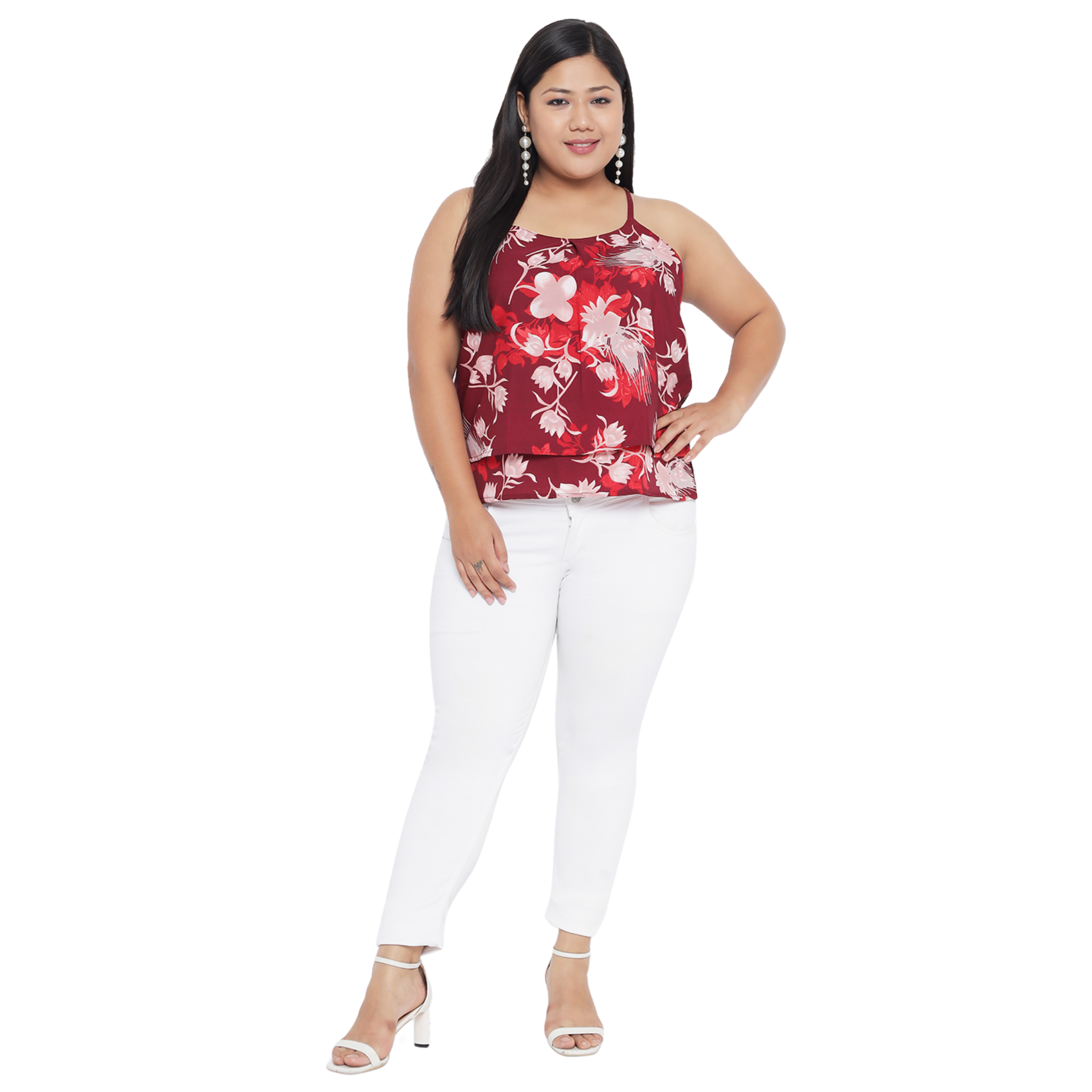 Red Floral Strap Plus Size Top